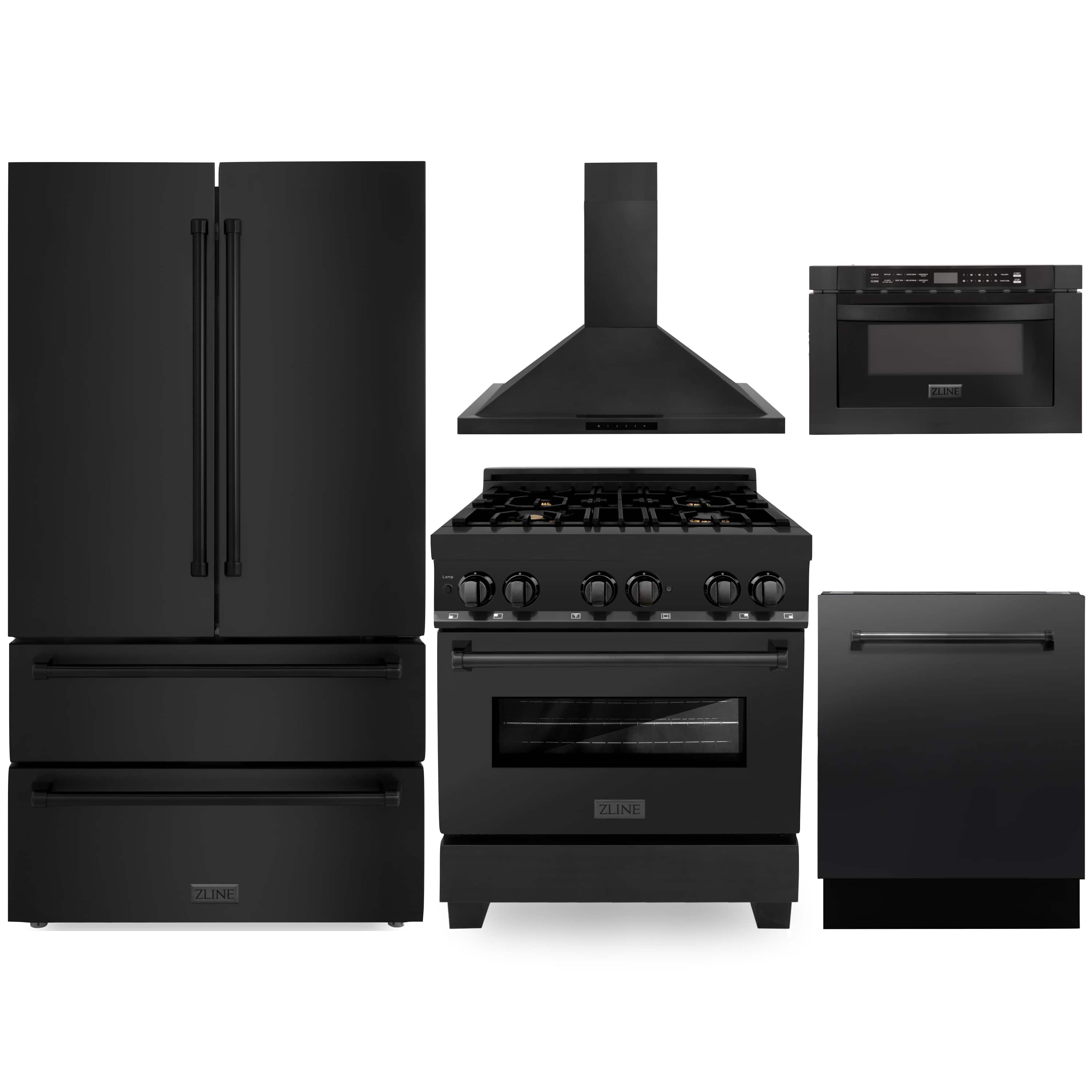 ZLINE 5-Piece Appliance Package - 30-Inch Dual Fuel Range with Brass Burners, Refrigerator, Convertible Wall Mount Hood, Microwave Drawer, and 3-Rack Dishwasher in Black Stainless Steel (5KPR-RABRH-MWDWV)