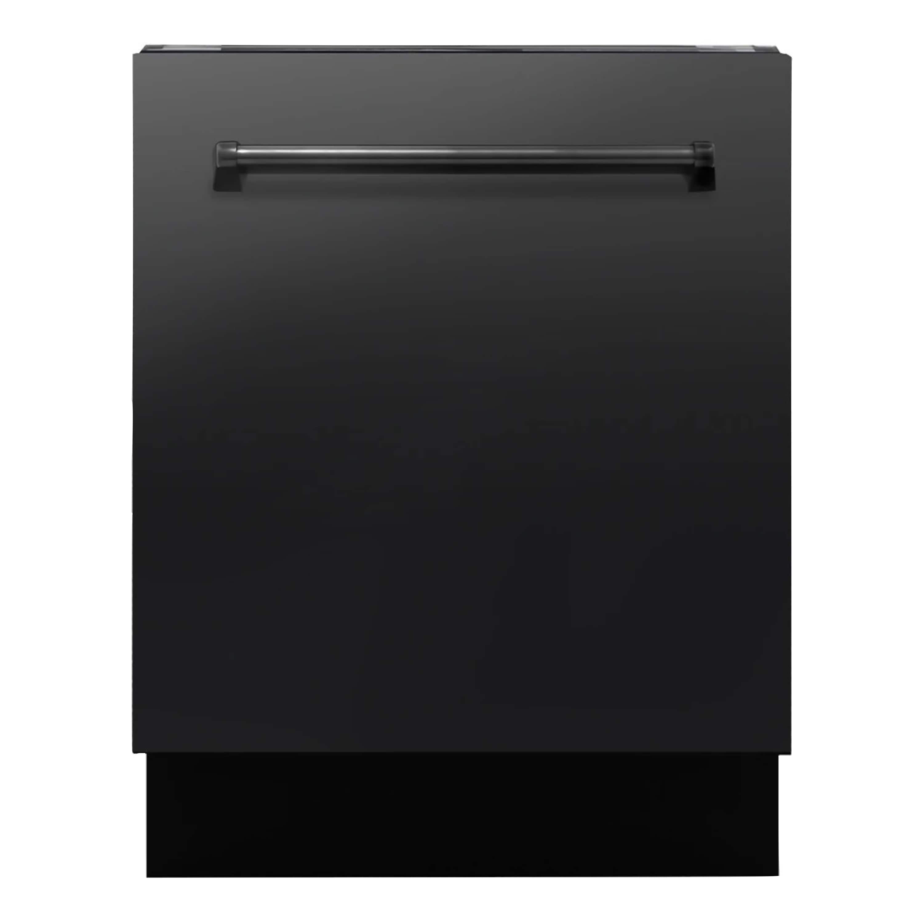 Black dishwasher door with horizontal metal handle
