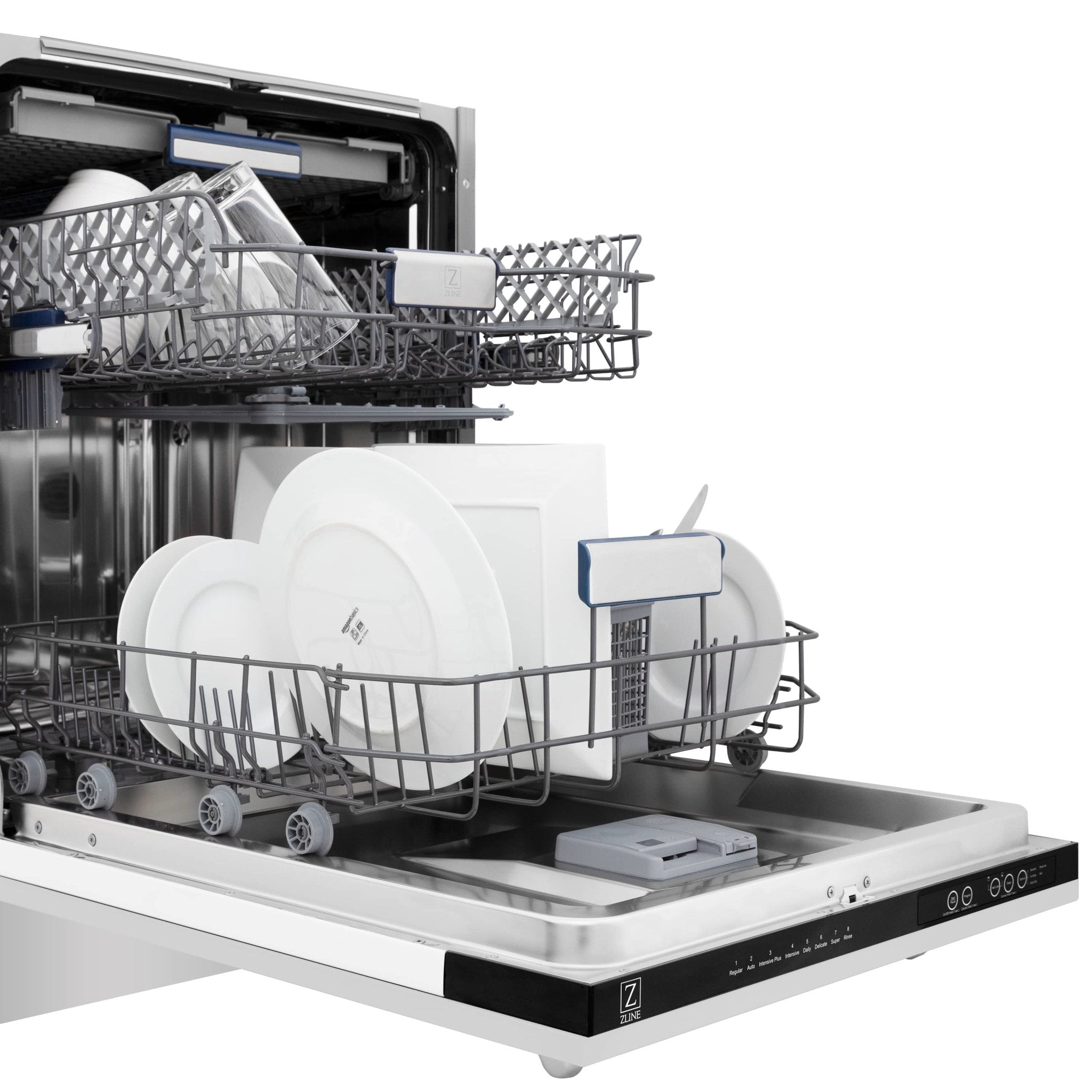 Dishwasher interior with stacked racks and spray arms