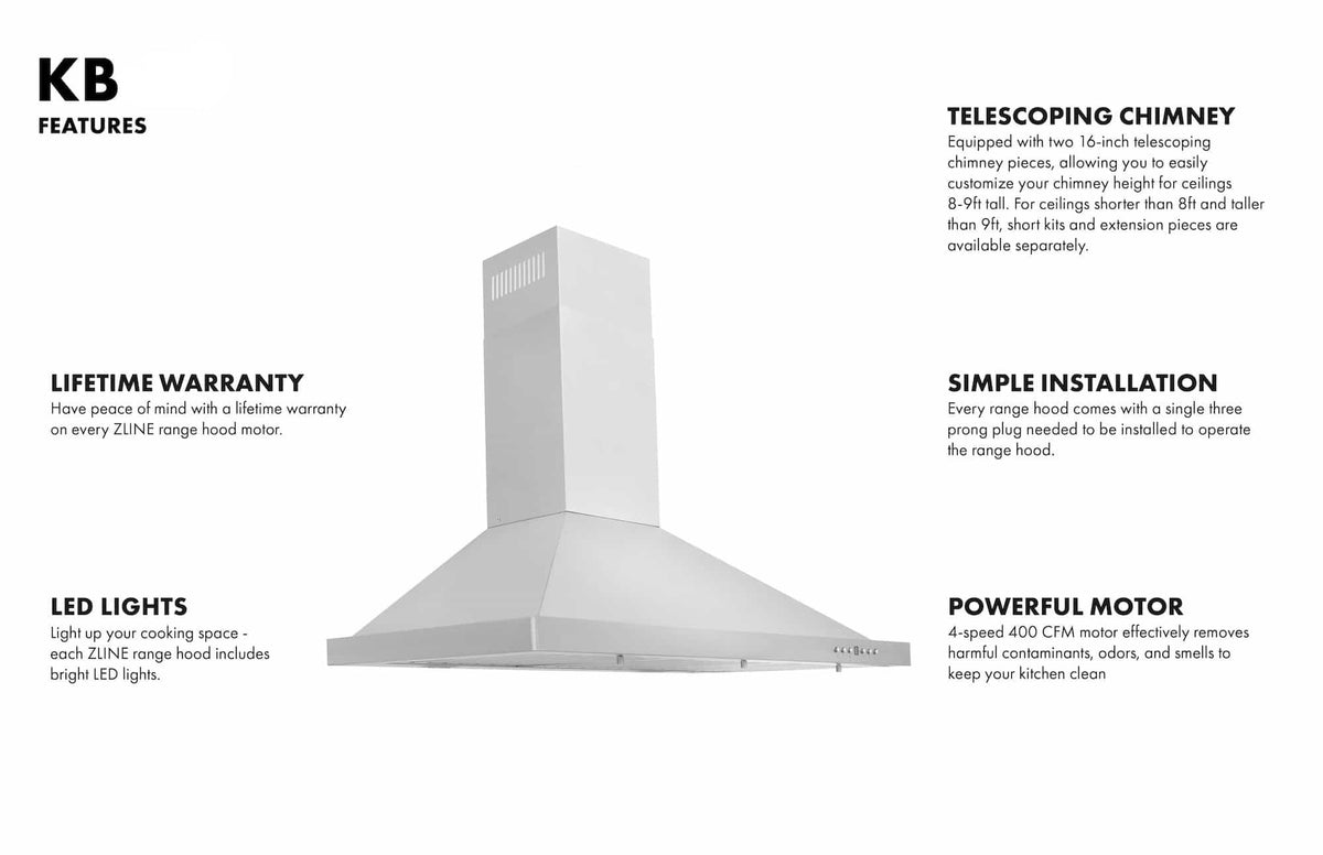 Stainless steel range hood brochure view with chimney and canopy