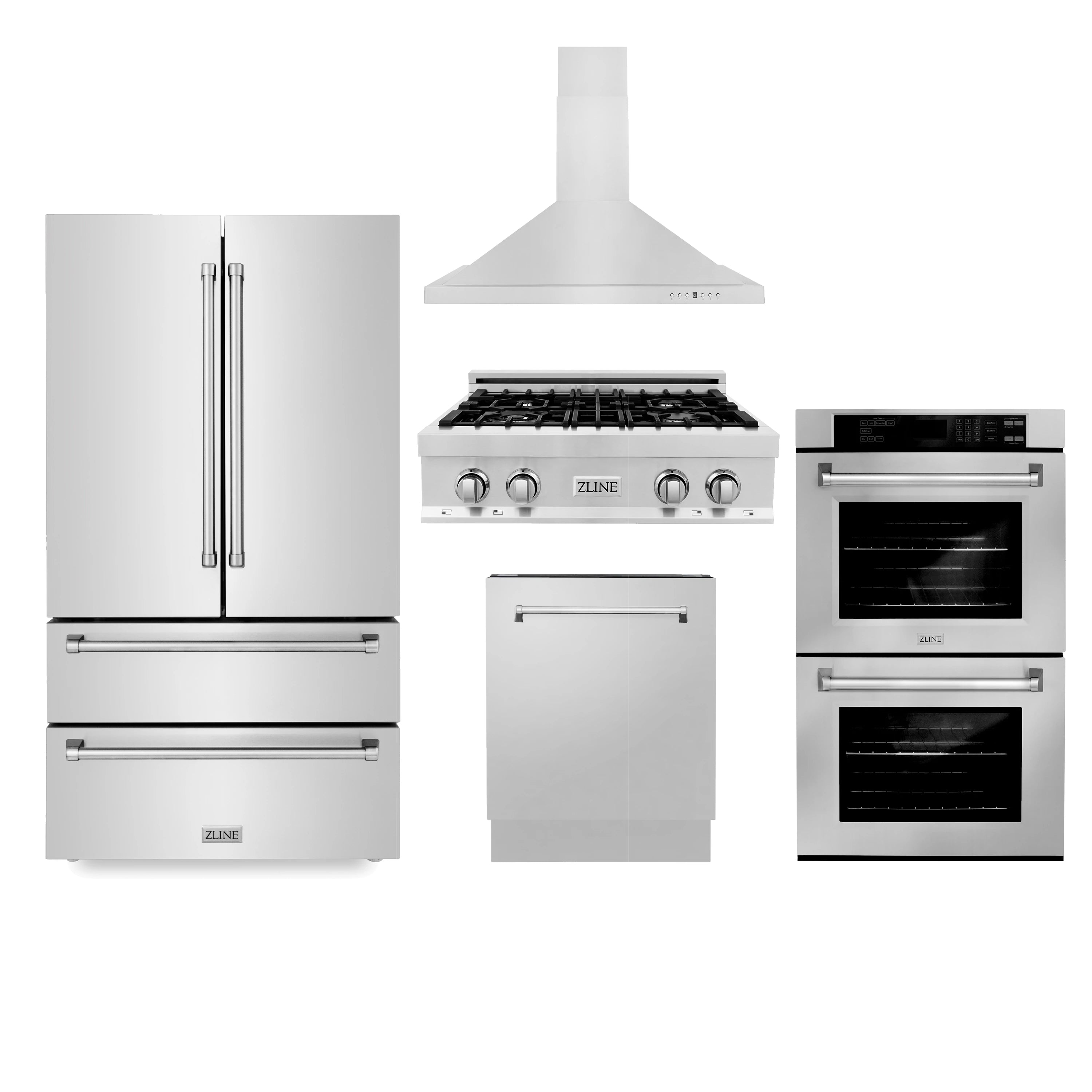Stainless kitchen appliance package with refrigerator, gas range, and two wall ovens