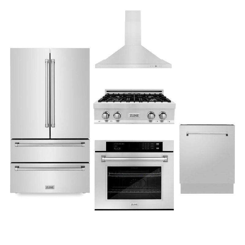 ZLINE 5-Piece Appliance Package - 30" Rangetop, 36" Refrigerator, 30" Electric Wall Oven, 3-Rack Dishwasher, and Convertible Wall Mount Hood in Stainless Steel (5KPR-RTRH30-AWSDWV) Appliance Package ZLINE 