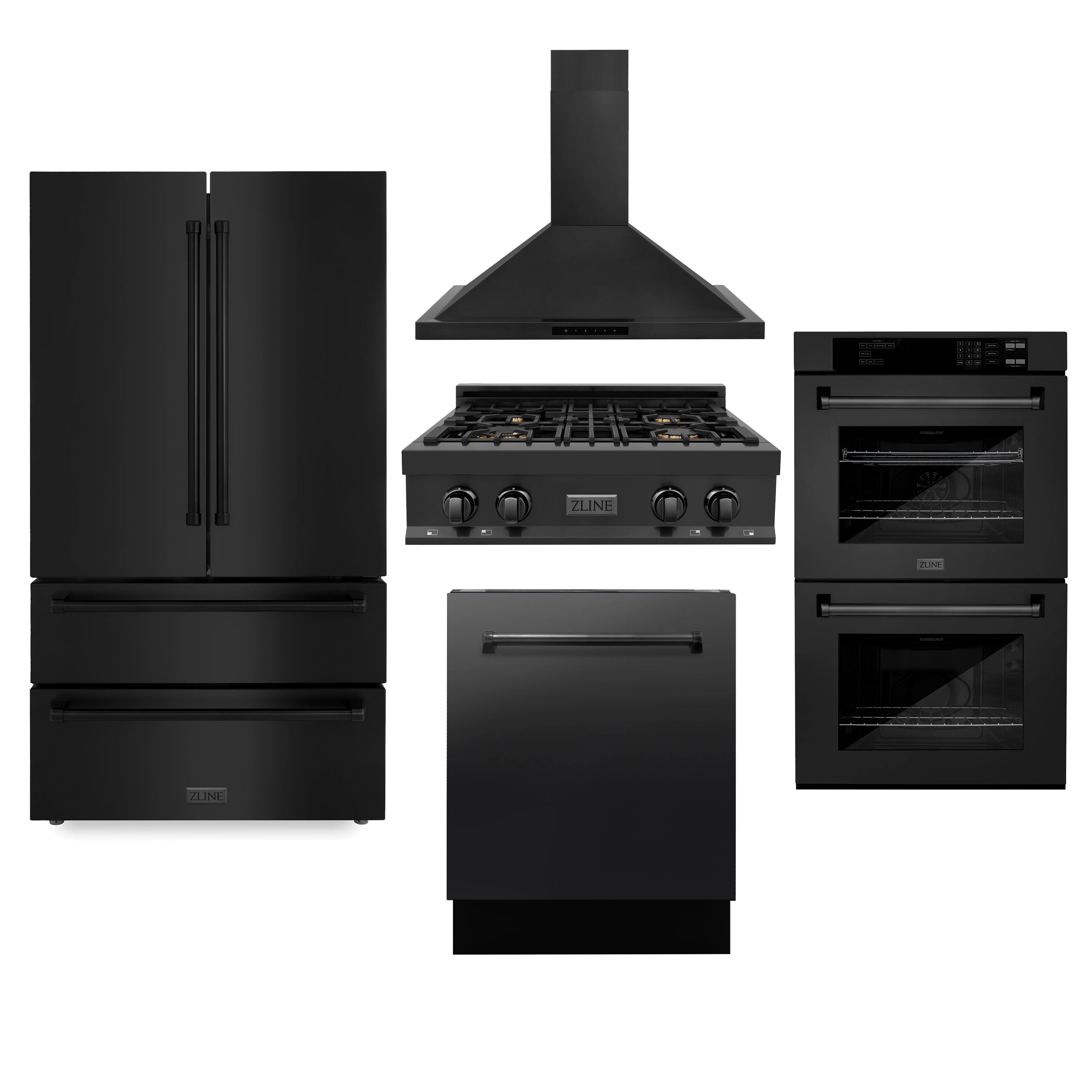 ZLINE 5-Piece Appliance Package - 30-Inch Rangetop with Brass Burners, Refrigerator, 30-Inch Electric Double Wall Oven, 3-Rack Dishwasher, and Convertible Wall Mount Hood in Black Stainless Steel (5KPR-RTBRH30-AWDDWV)