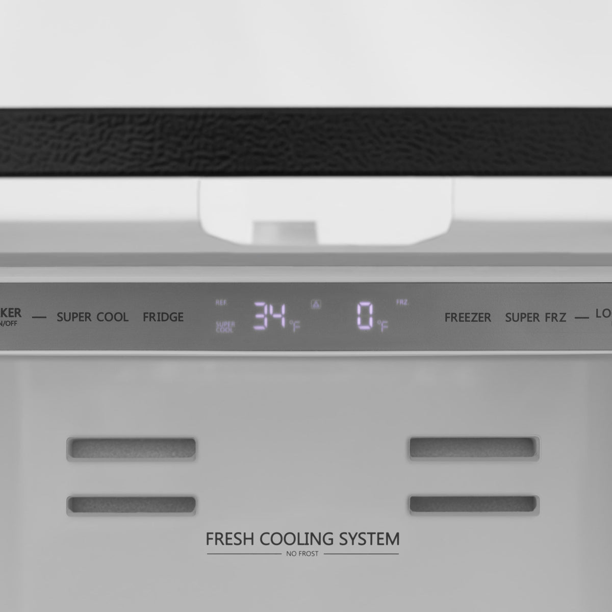 Refrigerator control panel with LED display and Fresh Cooling System label