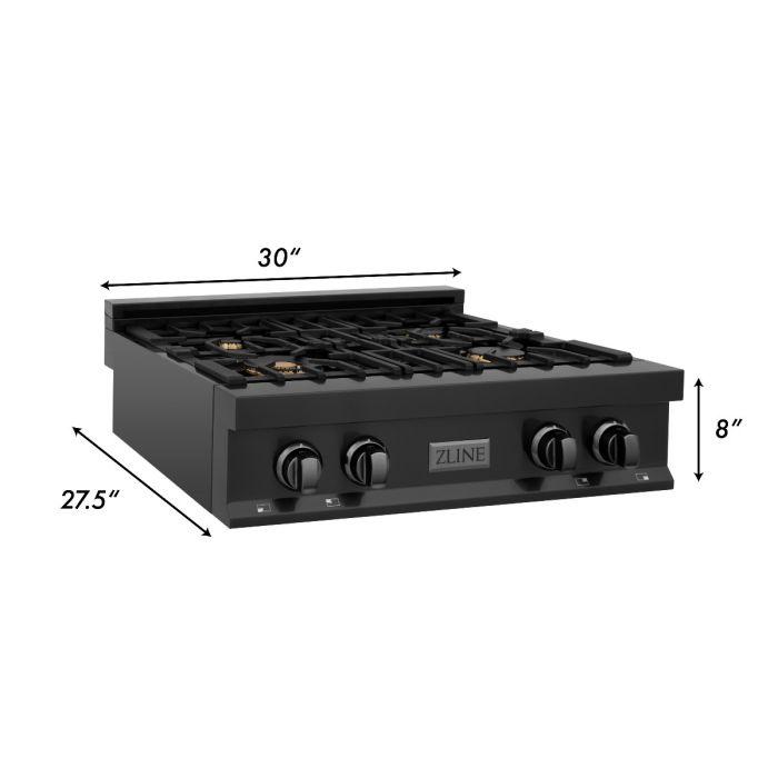 30-inch black gas rangetop with four burners and control knobs