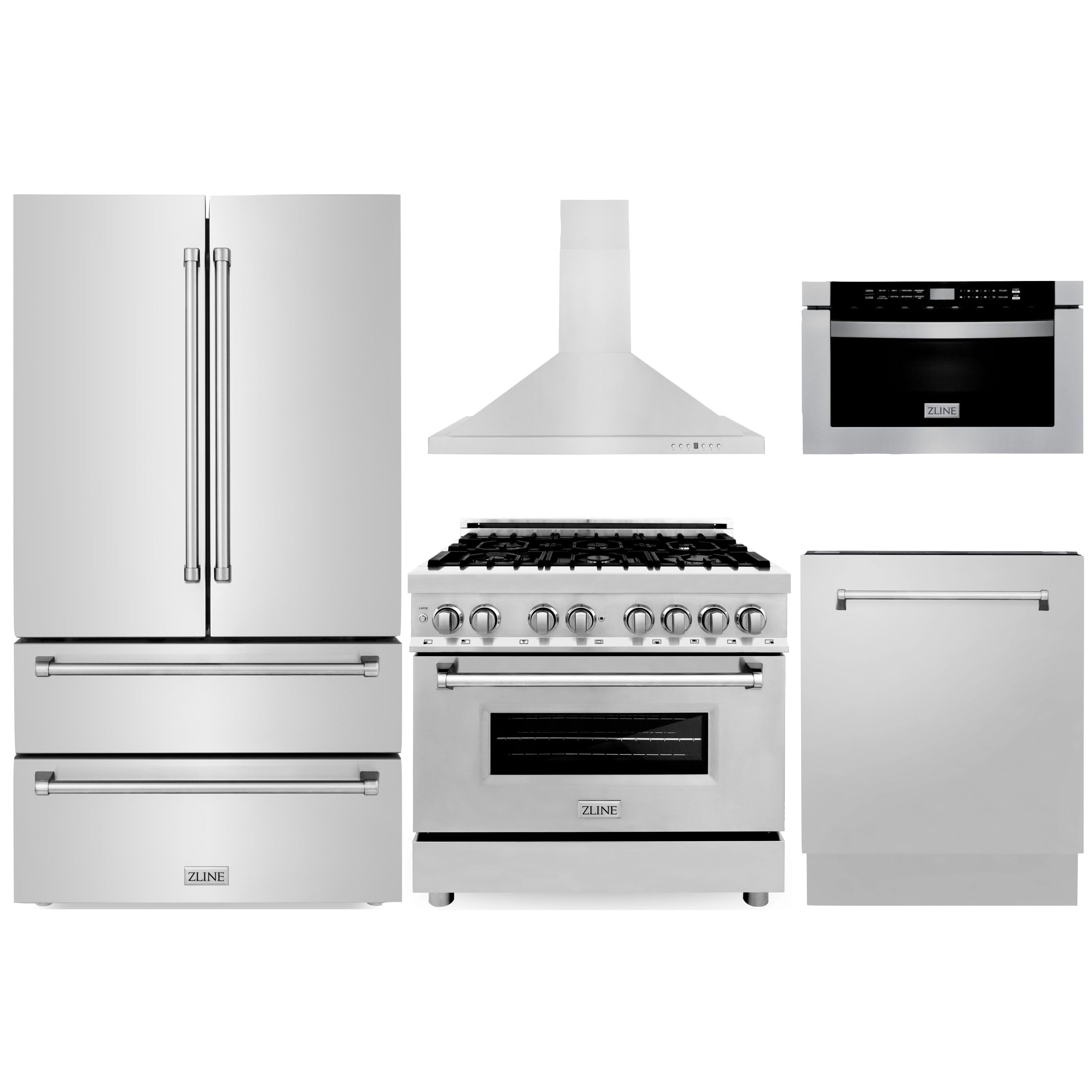 Stainless steel 5-piece kitchen appliance set: range hood, dual-fuel range, fridge, dishwasher