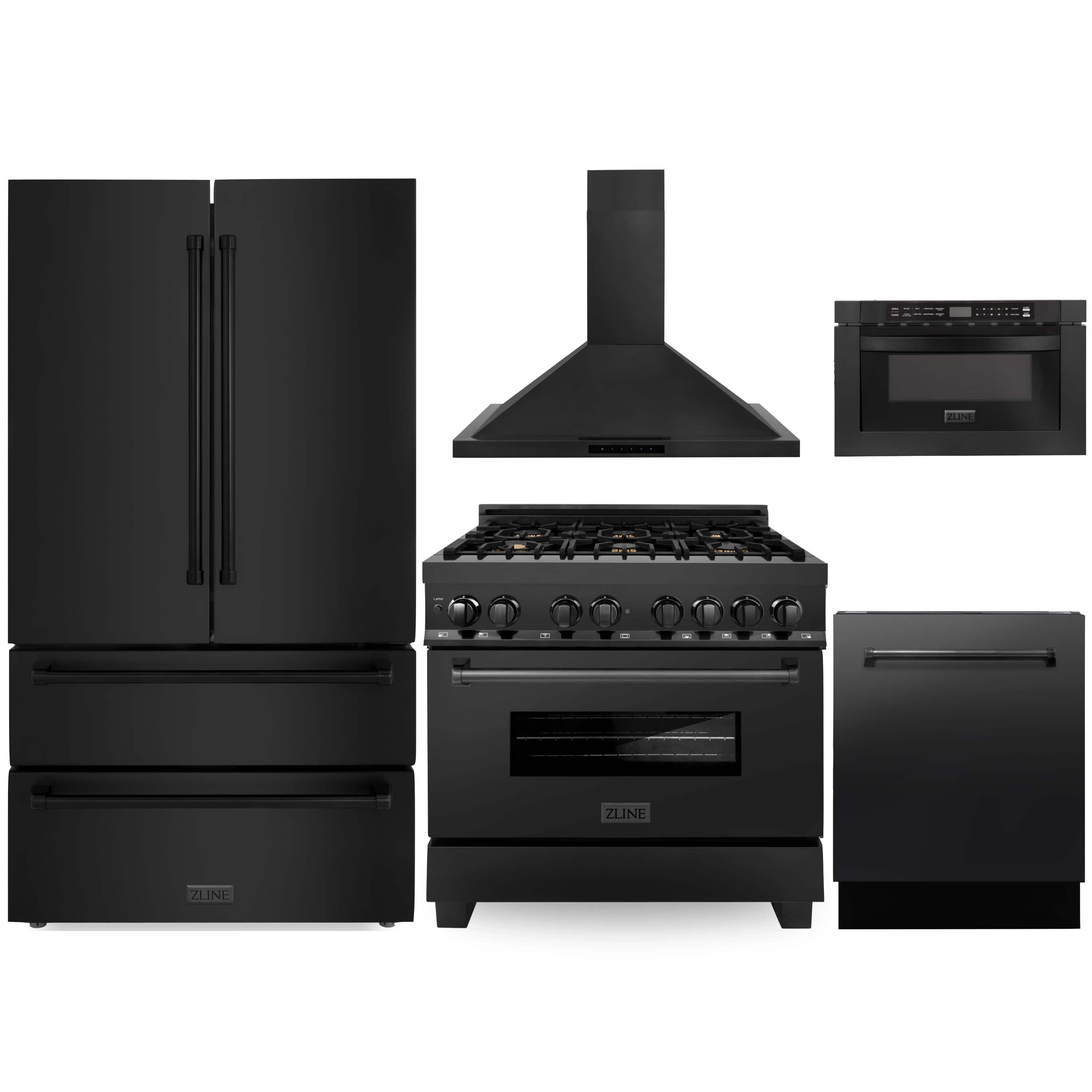 ZLINE 5-piece appliance package set with black refrigerator, dual fuel range, oven, and dishwasher