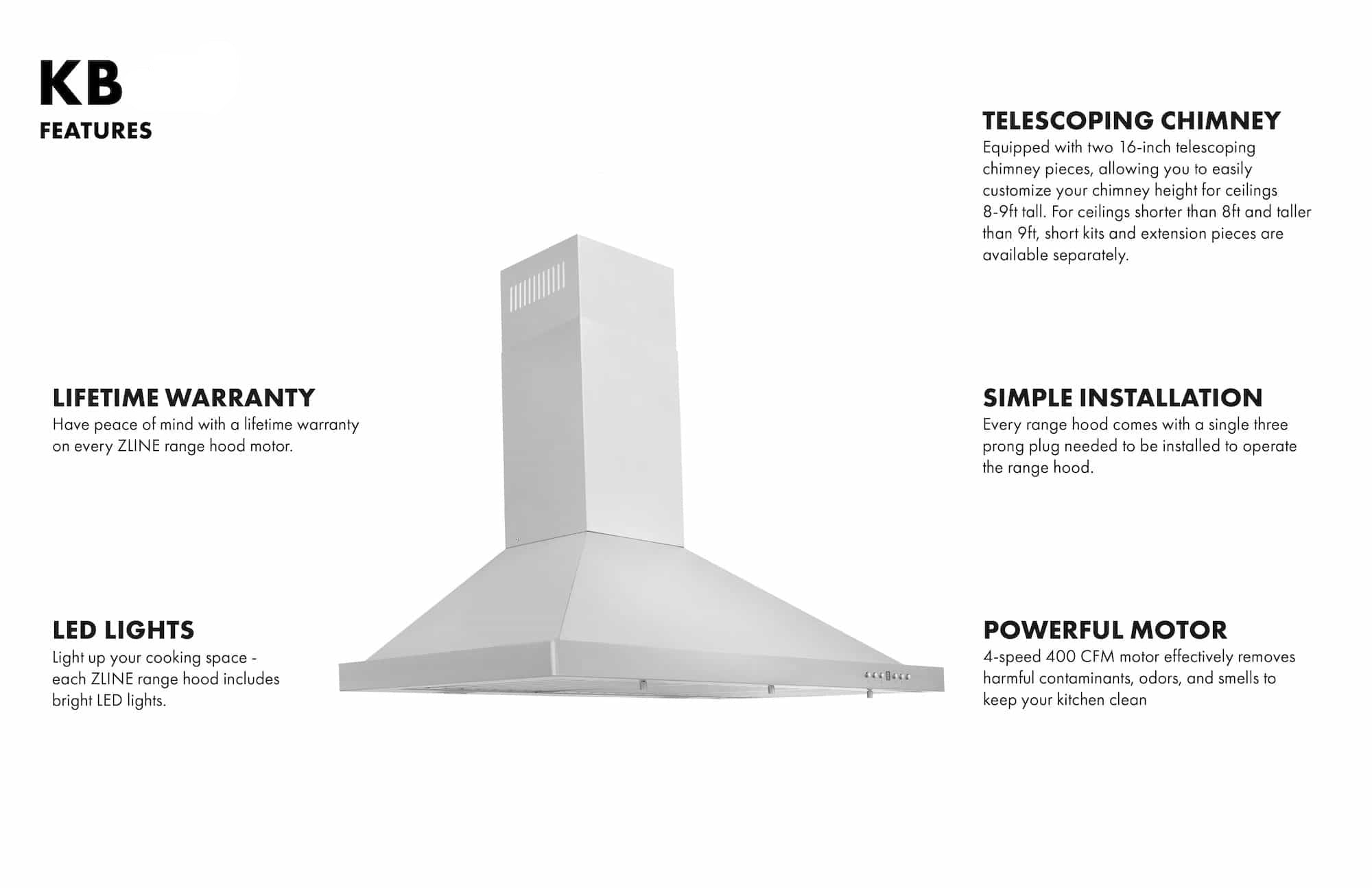 Range hood feature sheet showing LED lights, telescoping chimney, and warranty