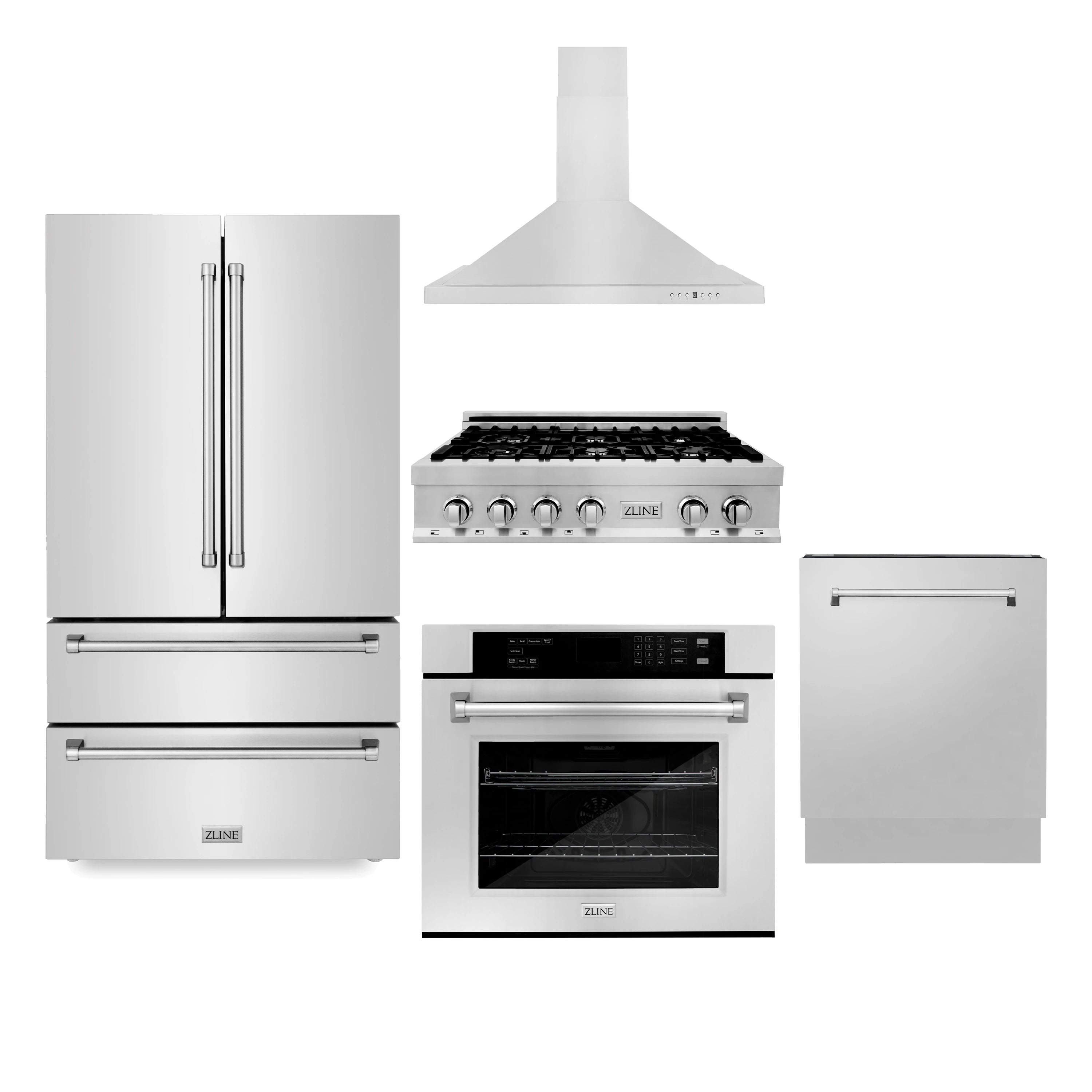 ZLINE 5-Piece Appliance Package - 36-Inch Rangetop, Refrigerator, 30-Inch Electric Wall Oven, 3-Rack Dishwasher, and Convertible Wall Mount Hood in Stainless Steel (5KPR-RTRH36-AWSDWV)