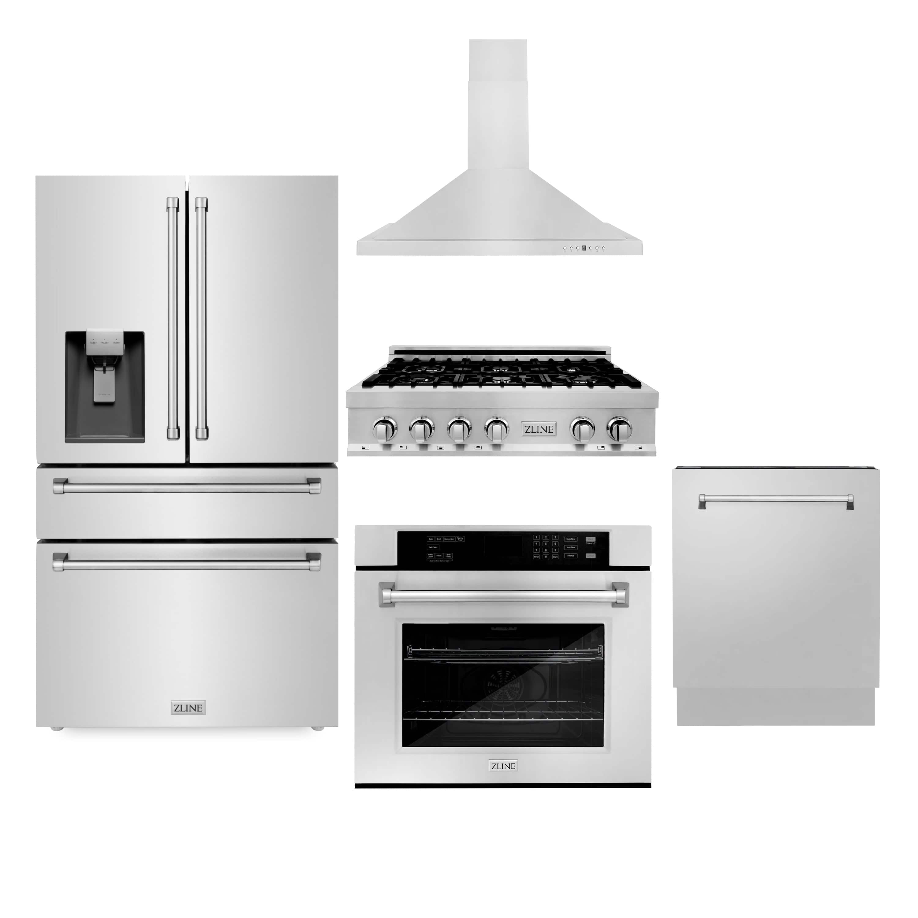 ZLINE 5-Piece Appliance Package - 36-Inch Rangetop, Refrigerator with Water Dispenser, 30-Inch Electric Wall Oven, 3-Rack Dishwasher, and Convertible Wall Mount Hood in Stainless Steel (5KPRW-RTRH36-AWSDWV)