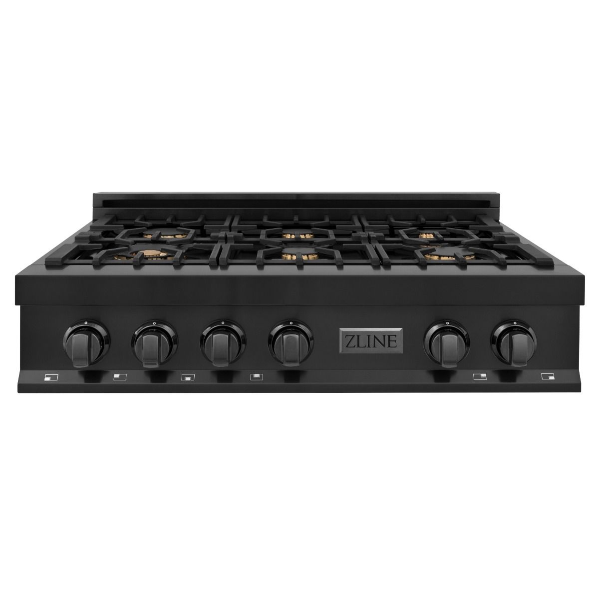 Black 36-inch gas rangetop with burner grates and front control knobs, ZLINE logo centered