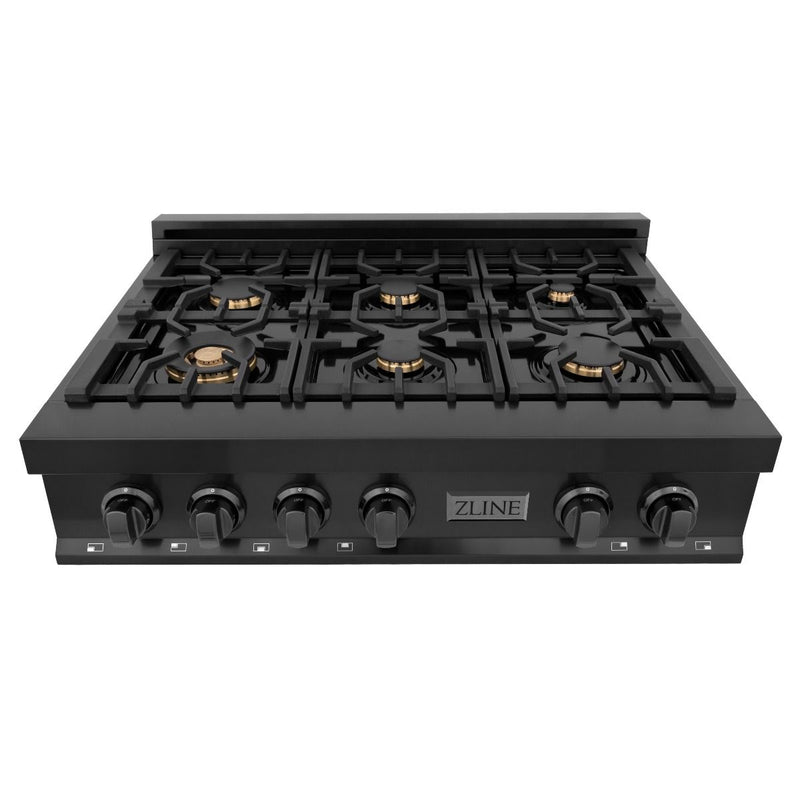 ZLINE 5-Piece Appliance Package - 36" Rangetop with Brass Burners, 36" Refrigerator, 30" Electric Wall Oven, 3-Rack Dishwasher, and Convertible Wall Mount Hood in Black Stainless Steel (5KPR-RTBRH36-AWSDWV) Appliance Package ZLINE 