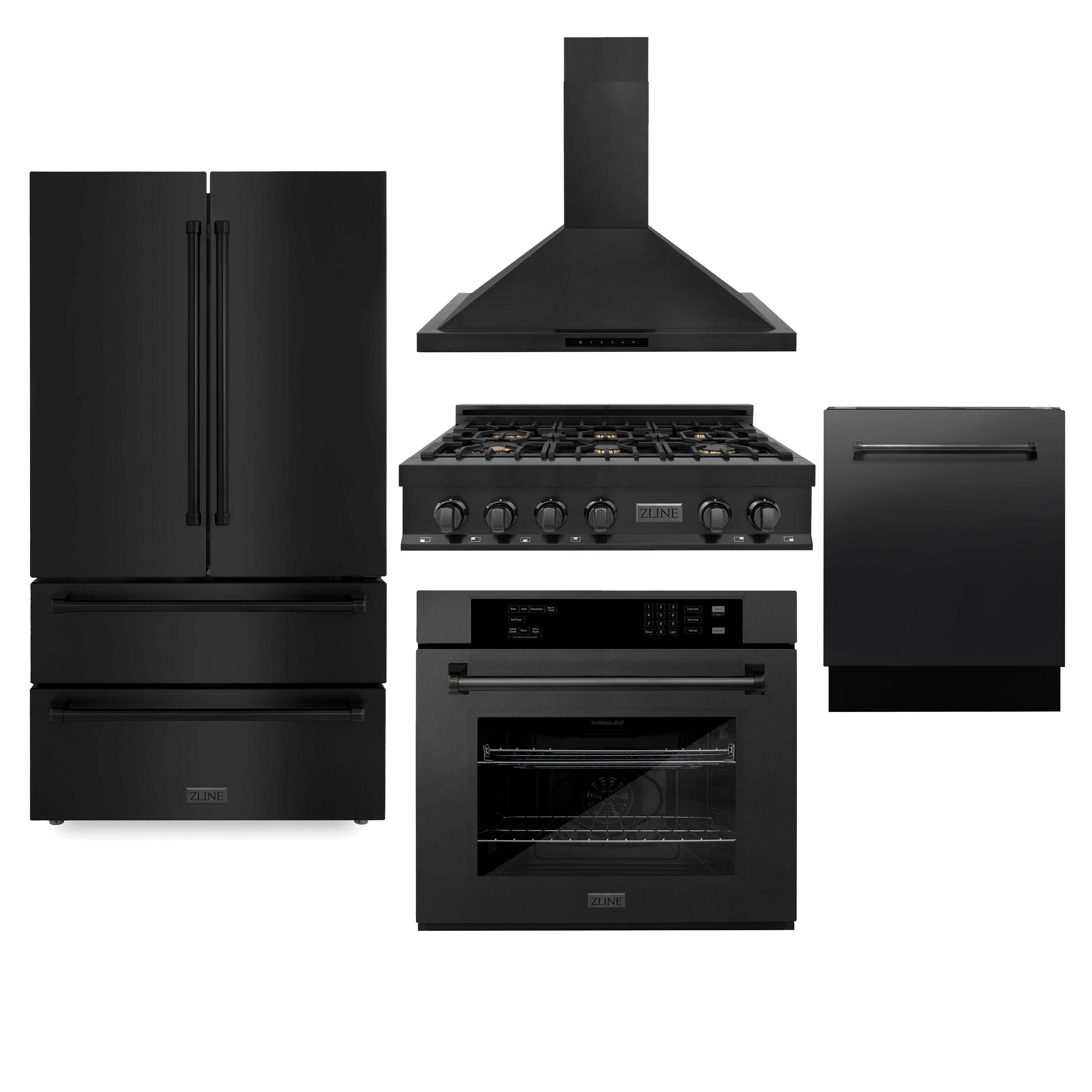 ZLINE 5-Piece Appliance Package - 36-Inch Rangetop with Brass Burners, Refrigerator, 30-Inch Electric Wall Oven, 3-Rack Dishwasher, and Convertible Wall Mount Hood in Black Stainless Steel (5KPR-RTBRH36-AWSDWV)