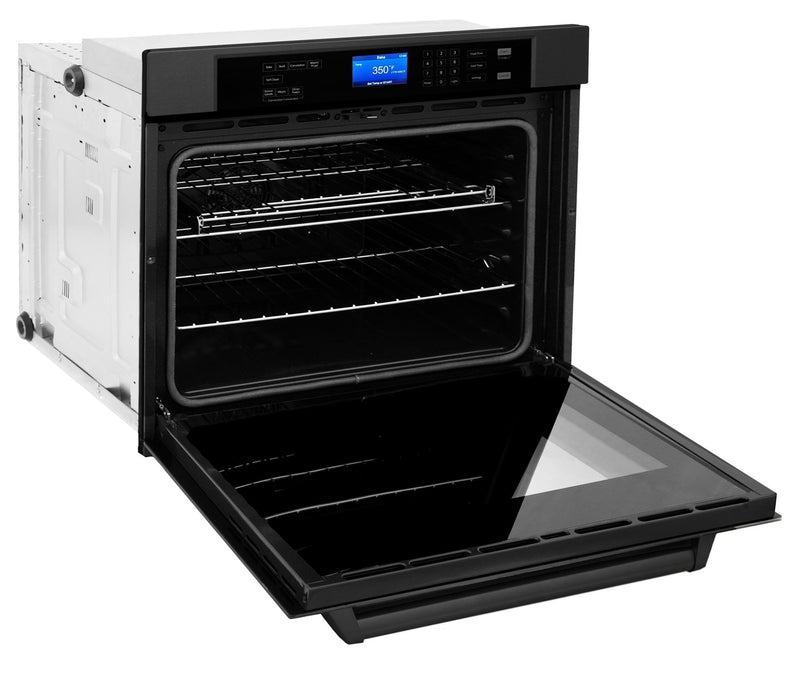ZLINE 5-Piece Appliance Package - 36" Rangetop with Brass Burners, 36" Refrigerator, 30" Electric Wall Oven, 3-Rack Dishwasher, and Convertible Wall Mount Hood in Black Stainless Steel (5KPR-RTBRH36-AWSDWV) Appliance Package ZLINE 