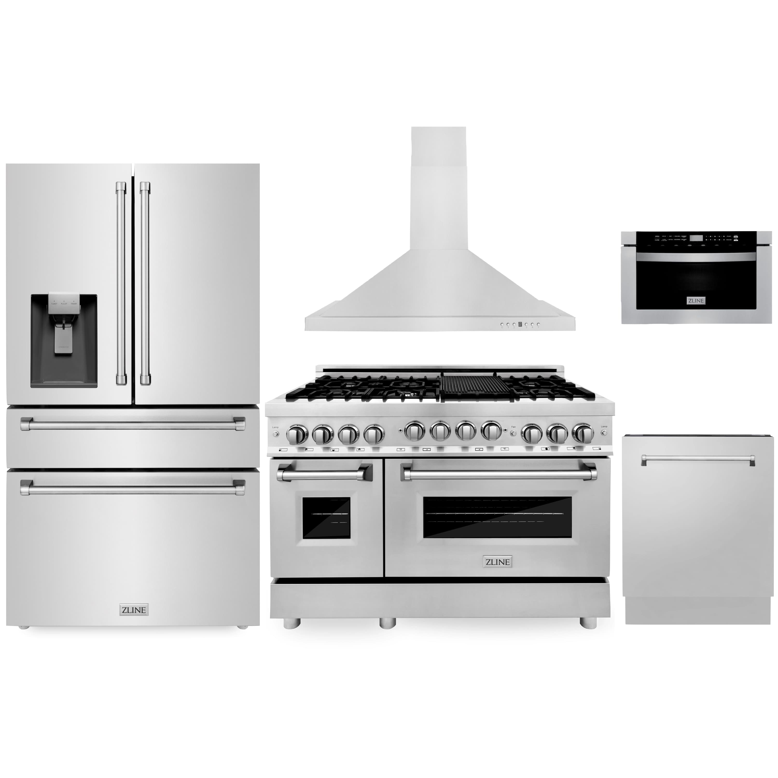 ZLINE appliance package lineup featuring dual fuel range and range hood