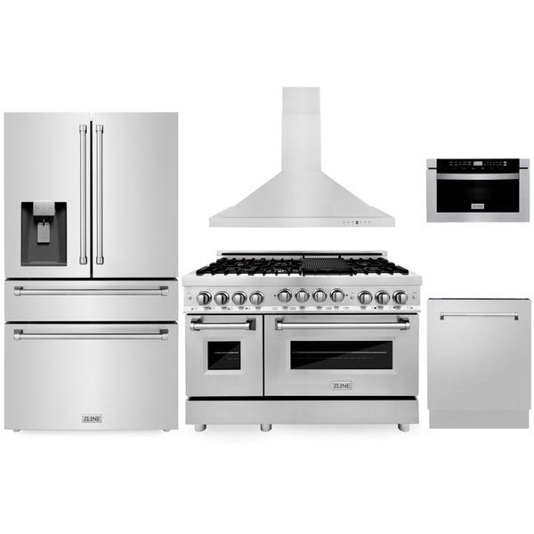 ZLINE 5-Piece Appliance Package - 48" Dual Fuel Range, 36" Refrigerator with Water Dispenser, Convertible Wall Mount Hood, Microwave Drawer, and 3-Rack Dishwasher in Stainless Steel (5KPRW-RARH48-MWDWV) Appliance Package ZLINE 