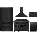 ZLINE 5-Piece Appliance Package - 48" Dual Fuel Range with Brass Burners, 36" Refrigerator, Convertible Wall Mount Hood, Microwave Drawer, and 3-Rack Dishwasher in Black Stainless Steel (5KPR-RABRH48-MWDWV) Appliance Package ZLINE 