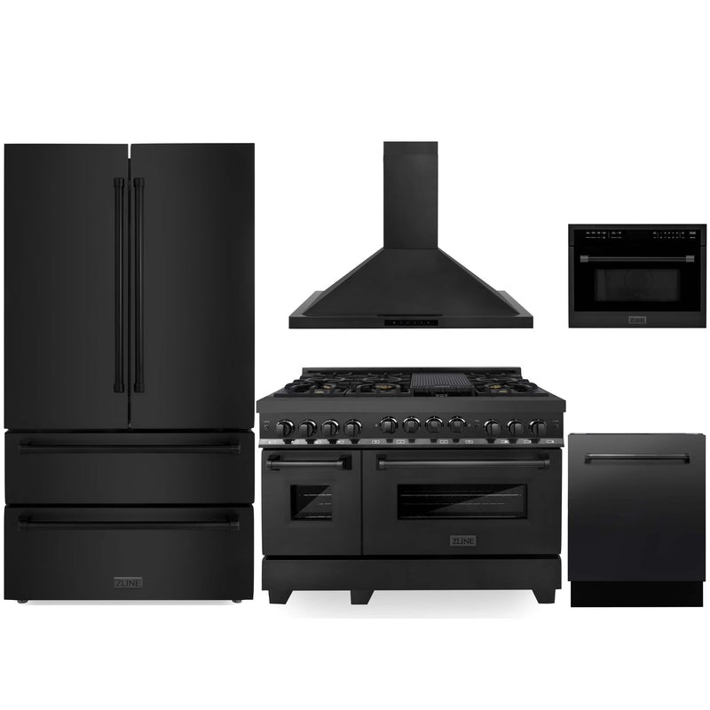 ZLINE 5-Piece Appliance Package - 48" Gas Range, 36" Refrigerator, Convertible Wall Mount Hood, Microwave Oven, and 3-Rack Dishwasher in Black Stainless Steel Appliance Package ZLINE 