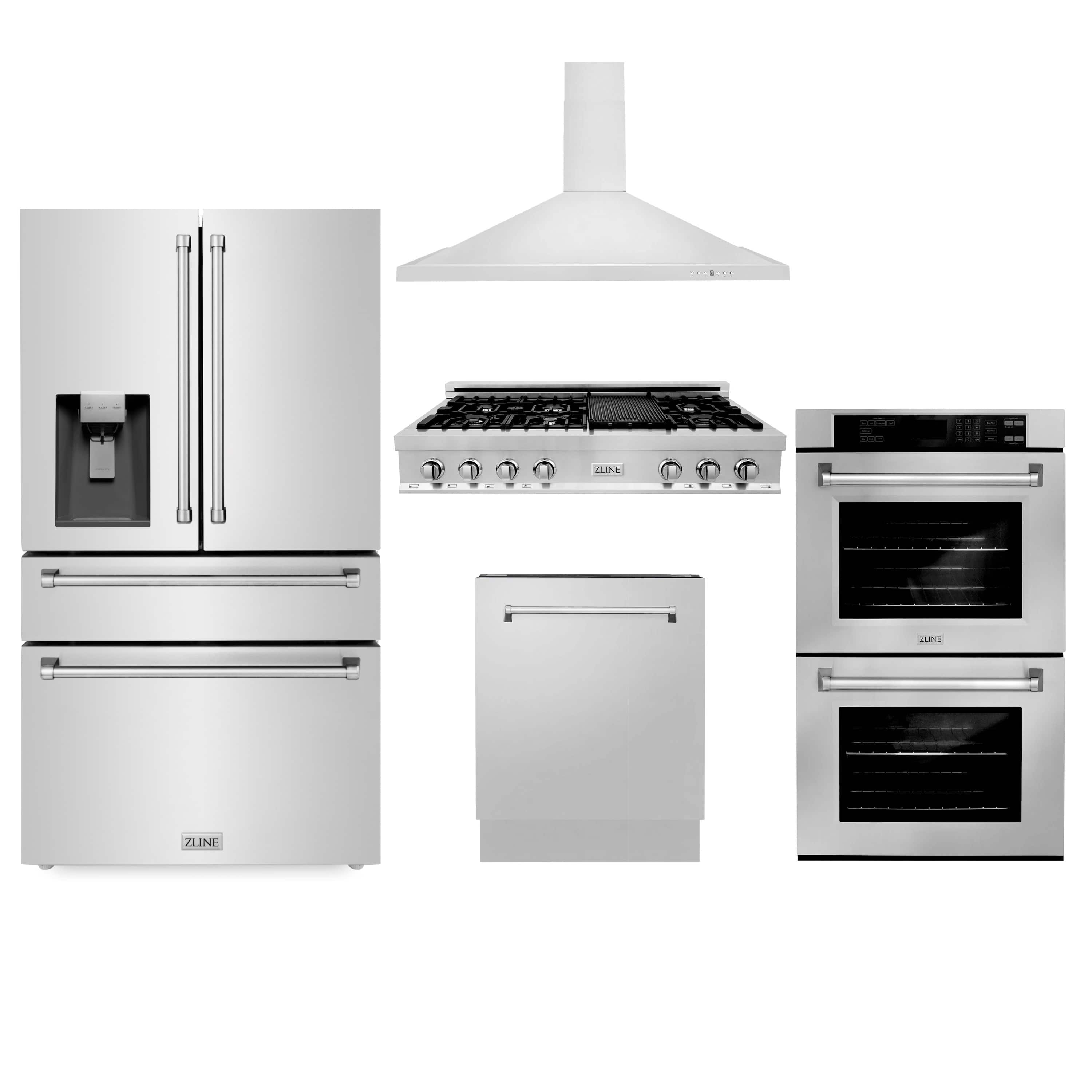 Stainless appliance package showing refrigerator, range hood, gas range and double ovens
