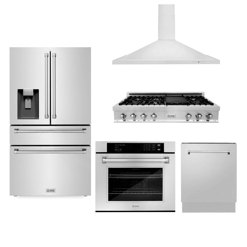 ZLINE 5-Piece Appliance Package - 48" Rangetop, 36" Refrigerator with Water Dispenser, 30" Electric Wall Oven, 3-Rack Dishwasher, and Convertible Wall Mount Hood in Stainless Steel (5KPRW-RTRH48-AWSDWV) Appliance Package ZLINE 