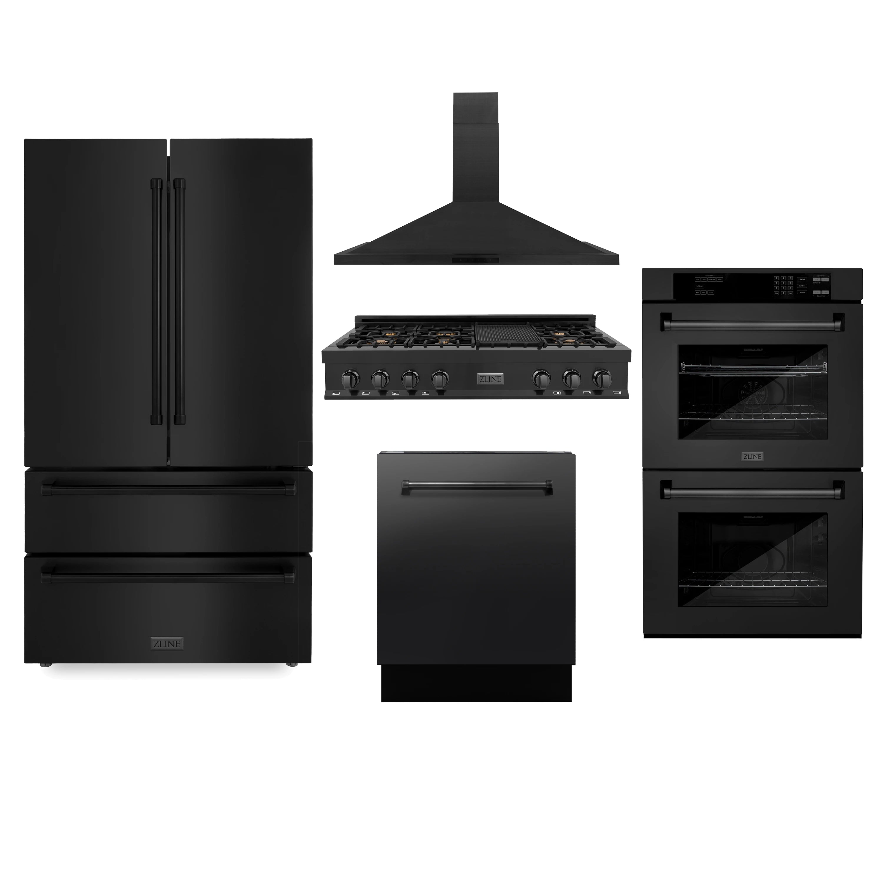 ZLINE 5-Piece Appliance Package - 48-Inch Rangetop with Brass Burners, Refrigerator, 30-Inch Electric Double Wall Oven, 3-Rack Dishwasher, and Convertible Wall Mount Hood in Black Stainless Steel (5KPR-RTBRH48-AWDDWV)