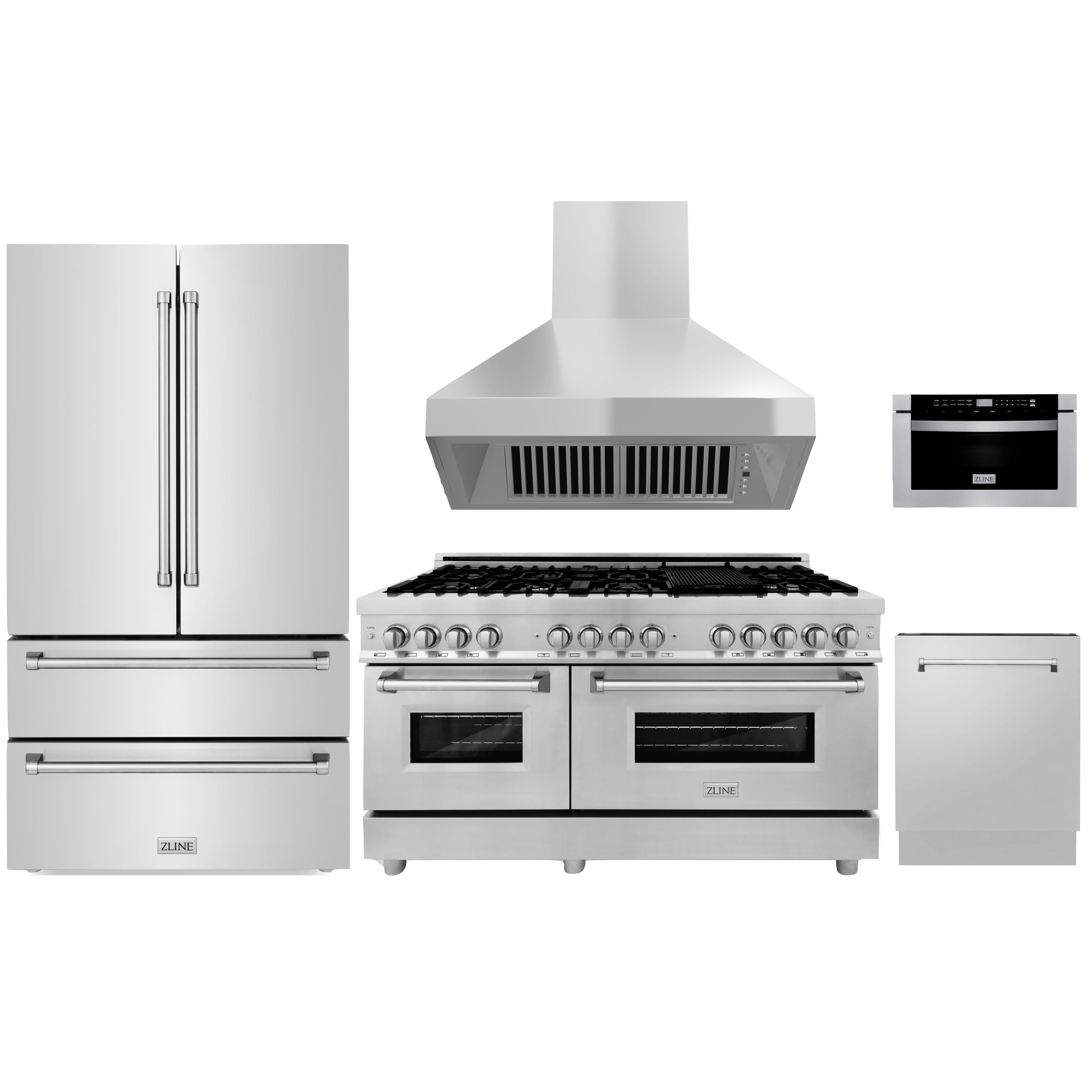 ZLINE 5-Piece Appliance Package - 60-Inch Dual Fuel Range, Refrigerator, Convertible Wall Mount Hood, Microwave Drawer, and 3-Rack Dishwasher in Stainless Steel (5KPR-RARH60-MWDWV)