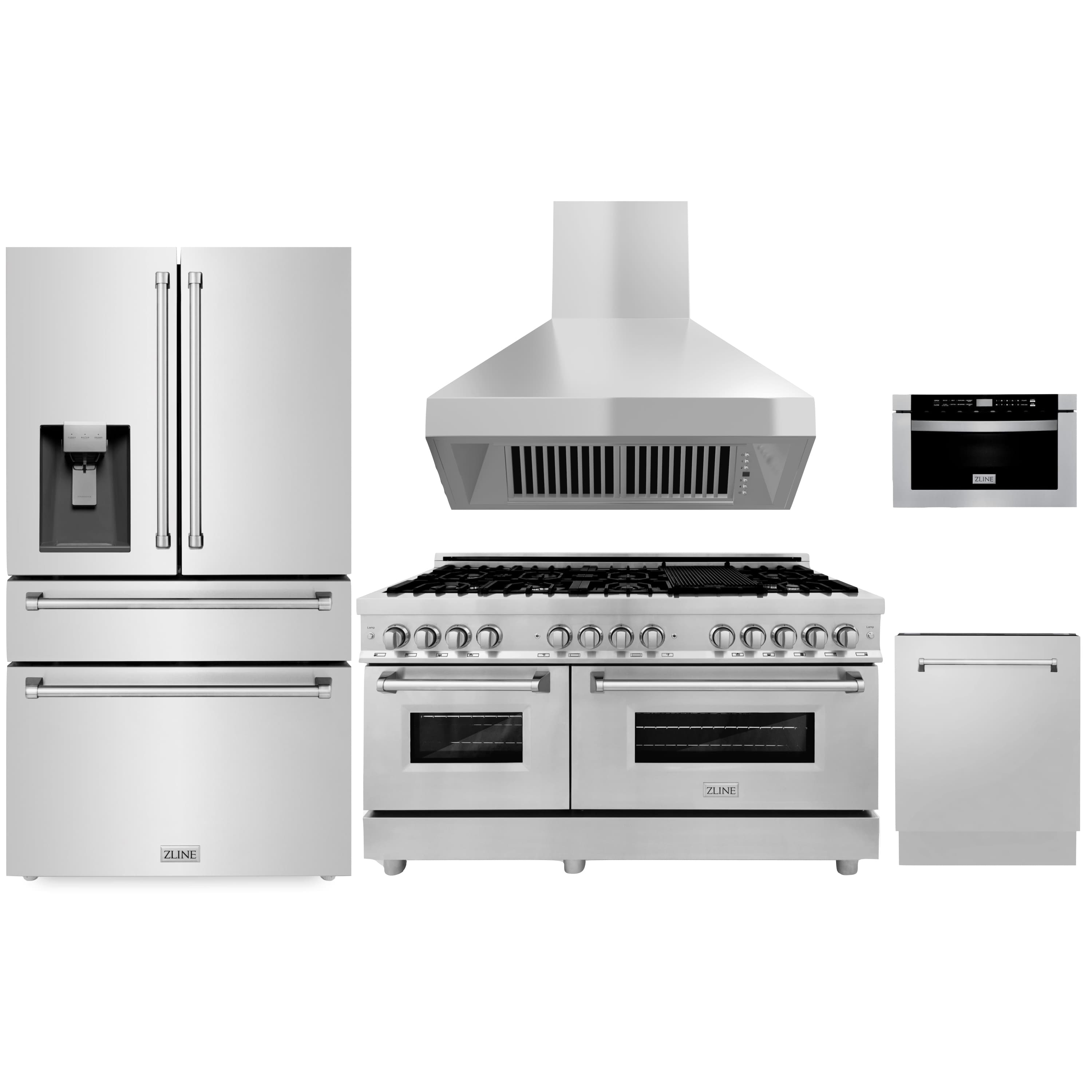 Kitchen appliance set with stainless dual fuel range, vent hood, and microwave