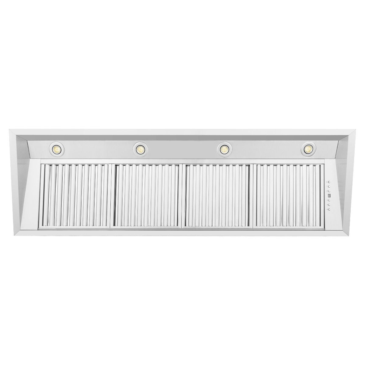Stainless steel range hood insert front panel with vent louvers and four lights