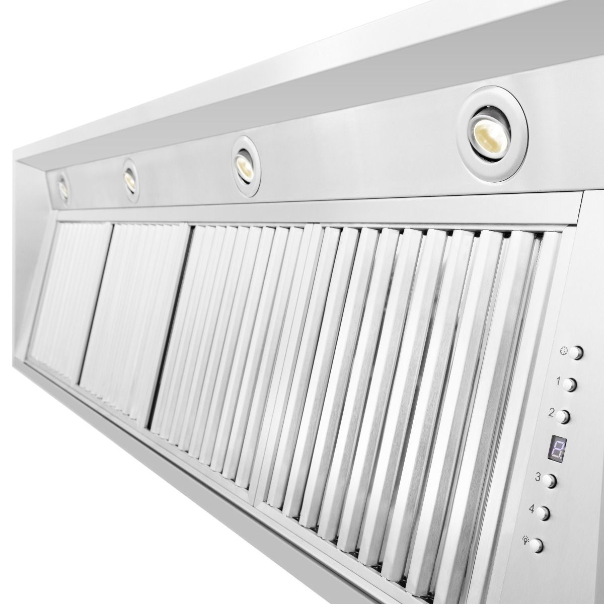 Stainless steel range hood insert with vent grille and round indicator lights