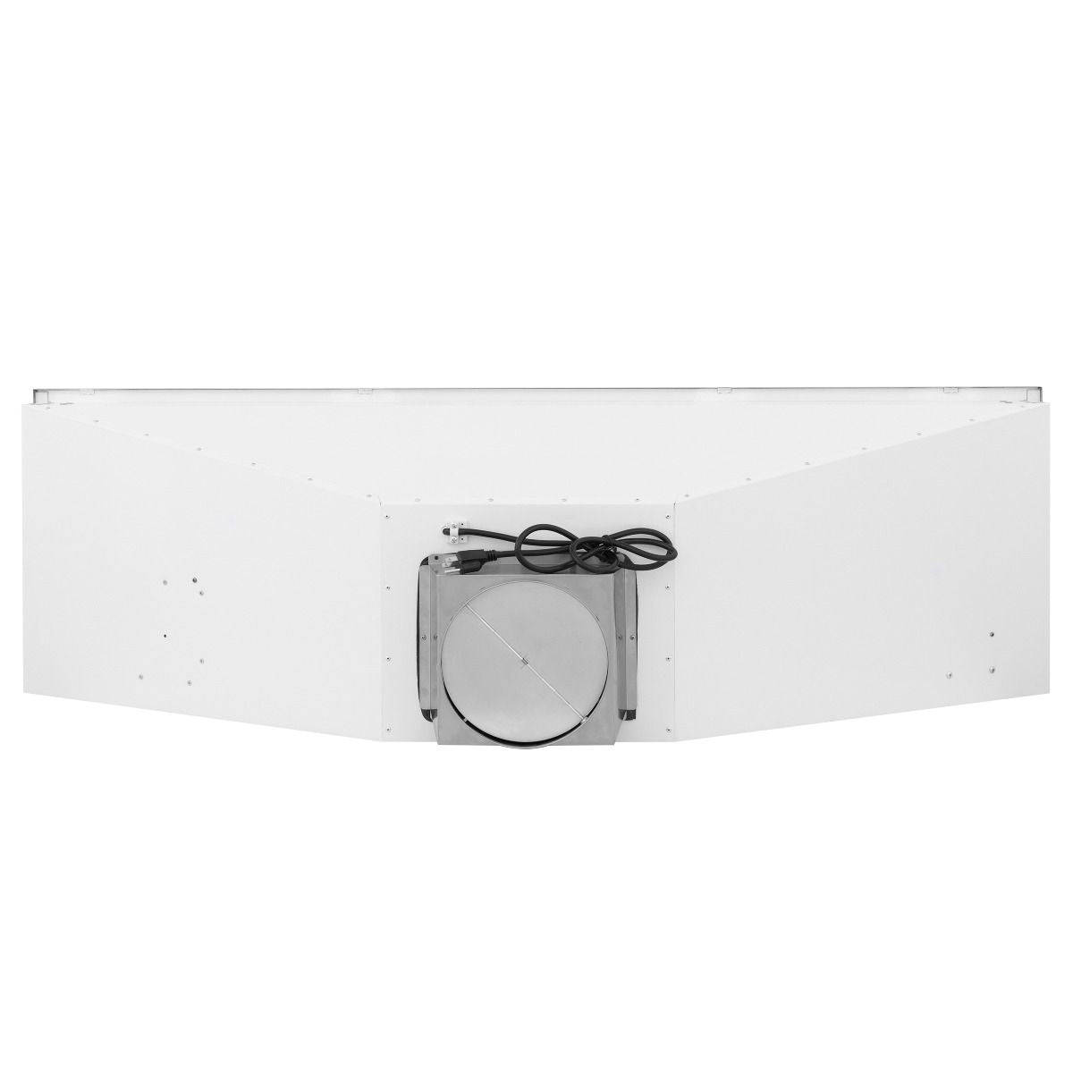 Stainless steel range hood insert interior access with visible motor cover