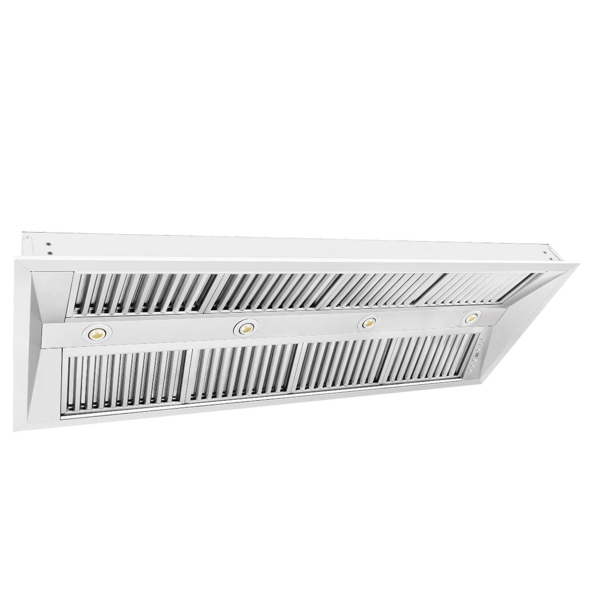 Stainless steel range hood insert interior with vent grilles and circular lights