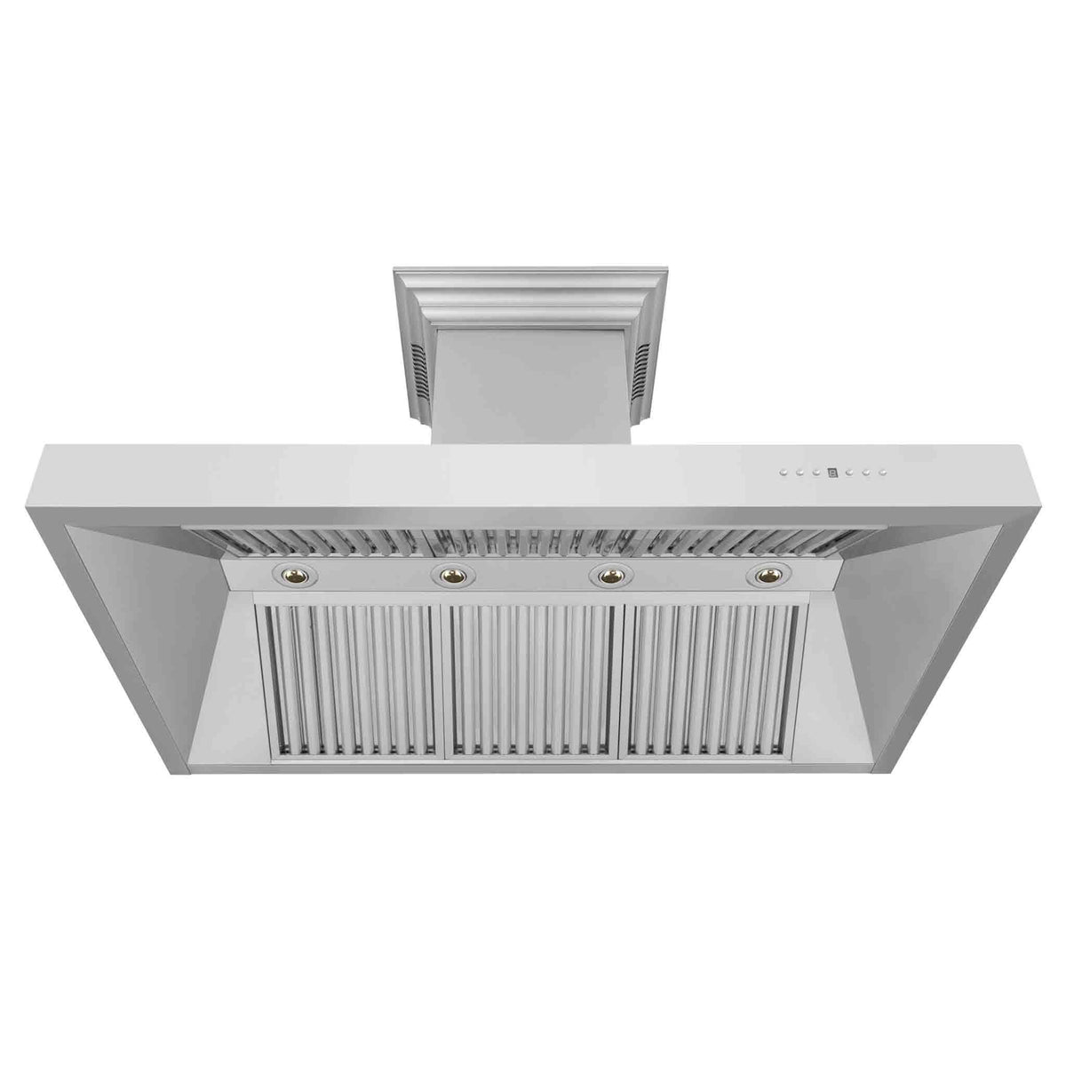 Stainless steel wall-mount range hood underside with removable filter panel and controls