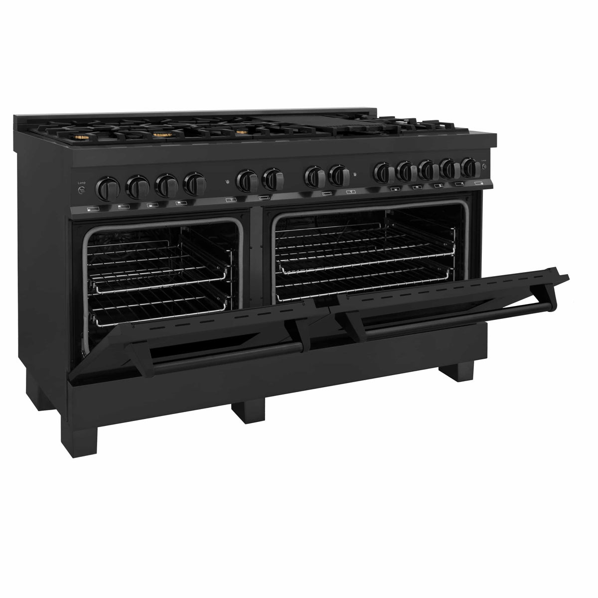 ZLINE dual fuel range with oven doors open, showing interior racks and grates