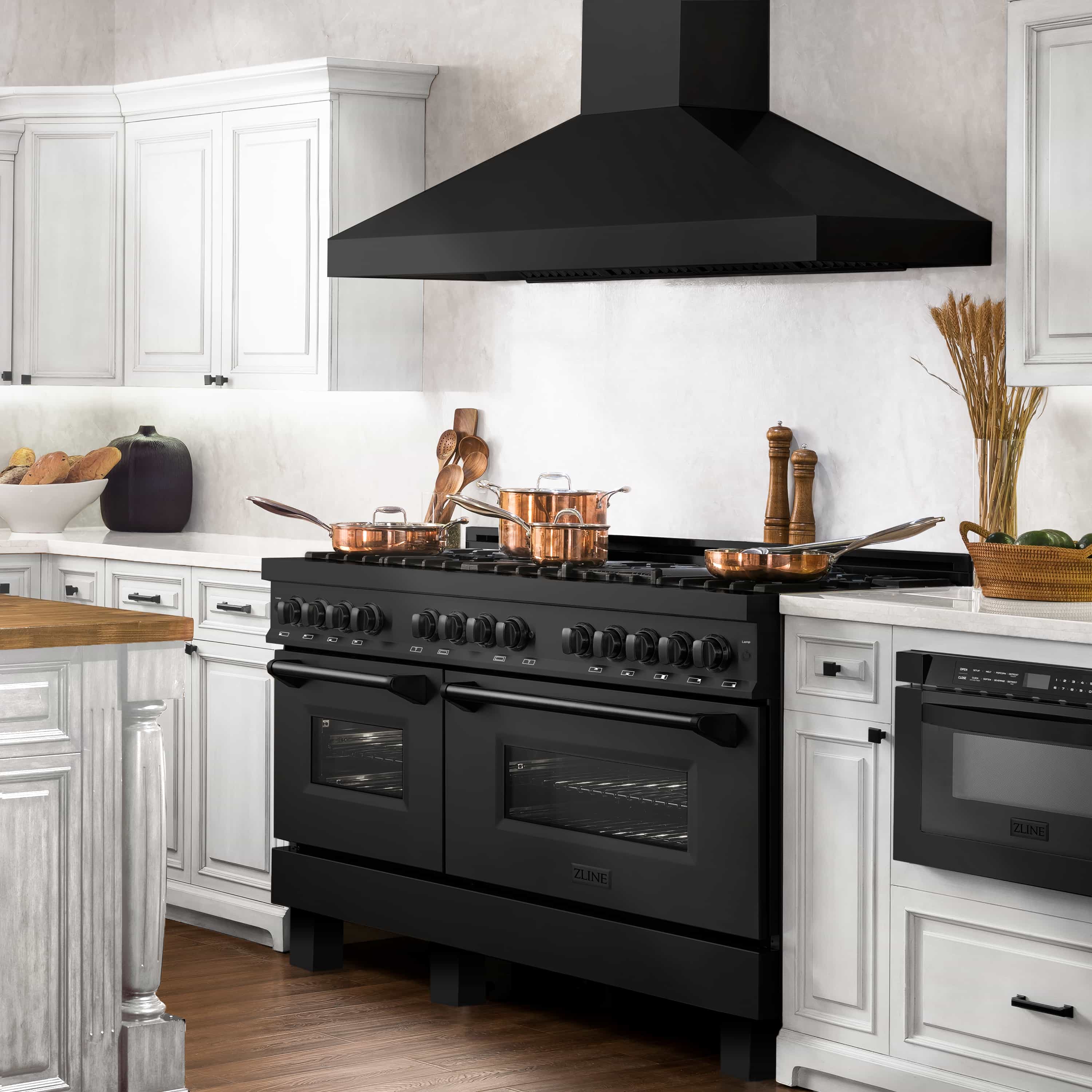 ZLINE dual fuel range in black stainless steel with cooktop burners and double ovens