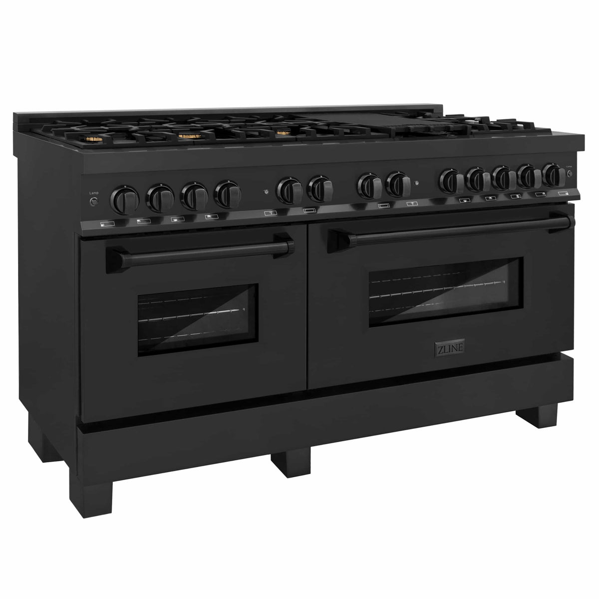 ZLINE dual fuel range with black oven doors closed and burner controls on top