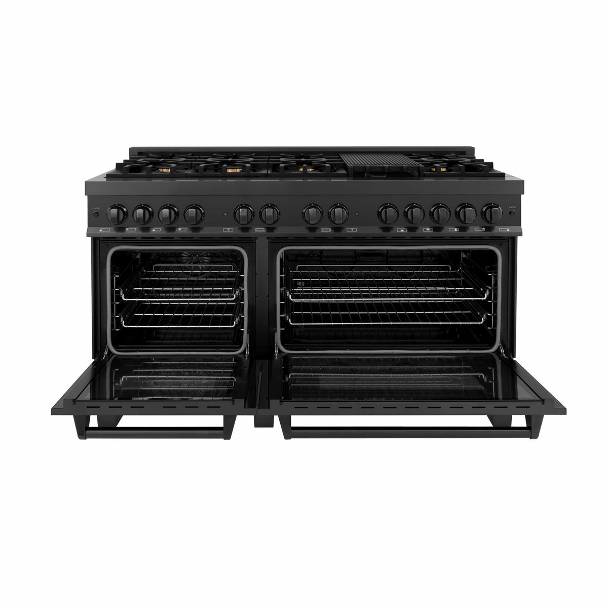 ZLINE dual fuel range with open ovens showing two racks and interior heating surfaces