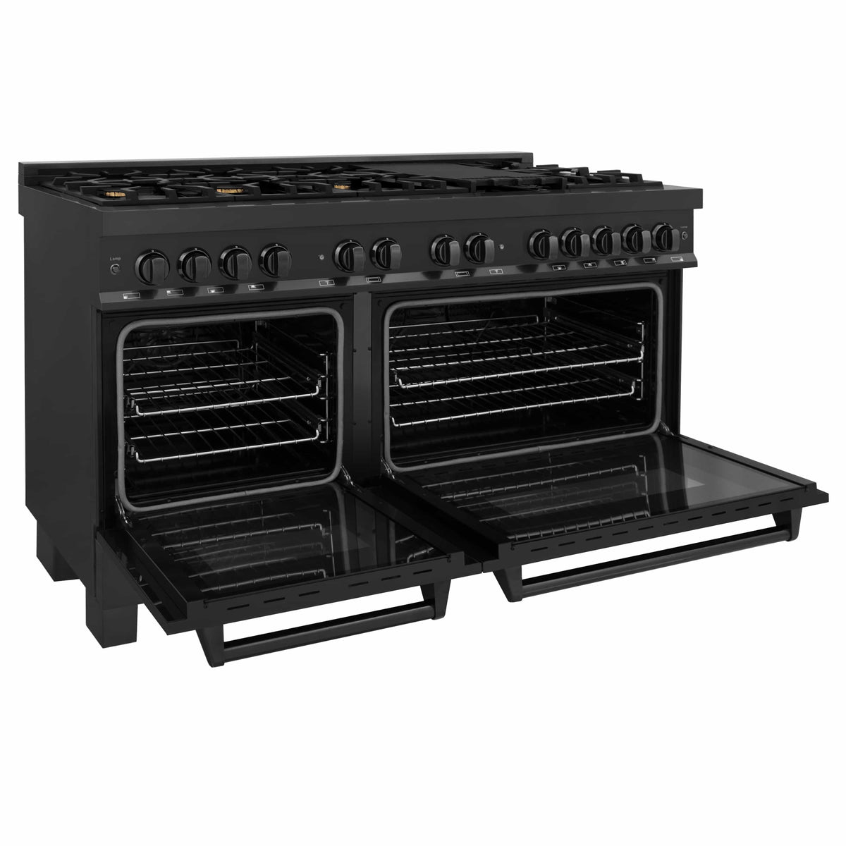 Black dual oven range with cooktop and open oven doors