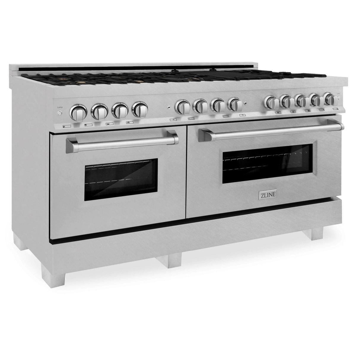 Dual fuel range in satin stainless steel with two oven doors and control knobs