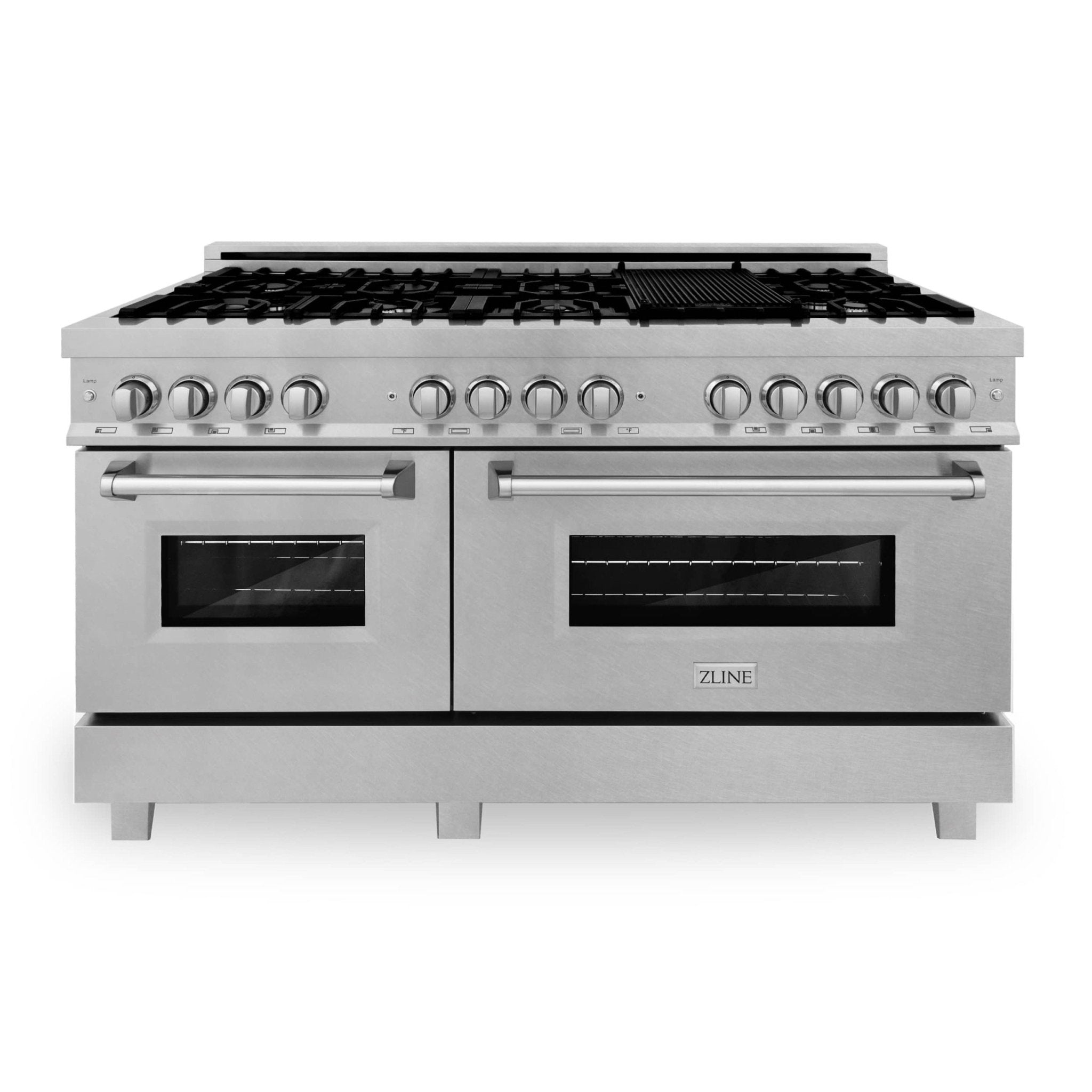 Stainless steel dual fuel range with black grates and two glass oven doors, front view
