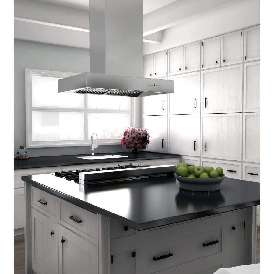 Stainless steel island range hood with vented filter grille above cooktop