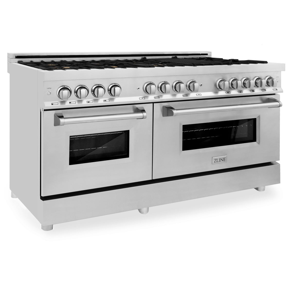Stainless steel dual fuel range with dual ovens and brass-topped gas burners