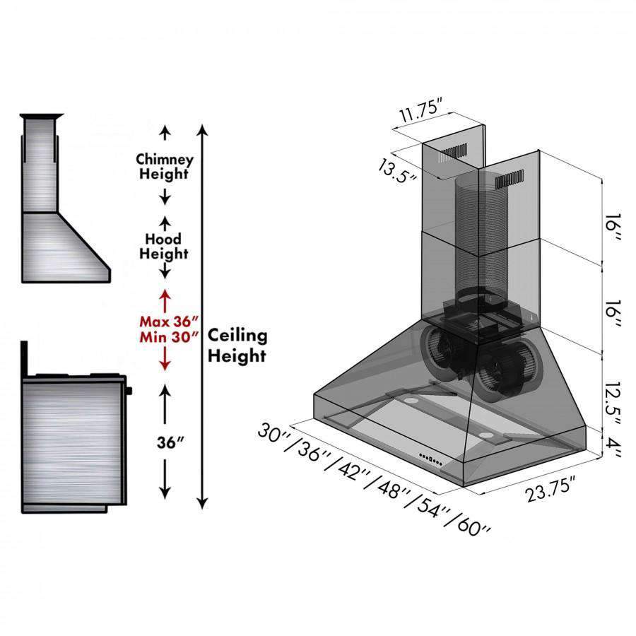 Range hood installation diagram showing hood height, chimney height, and max ceiling height