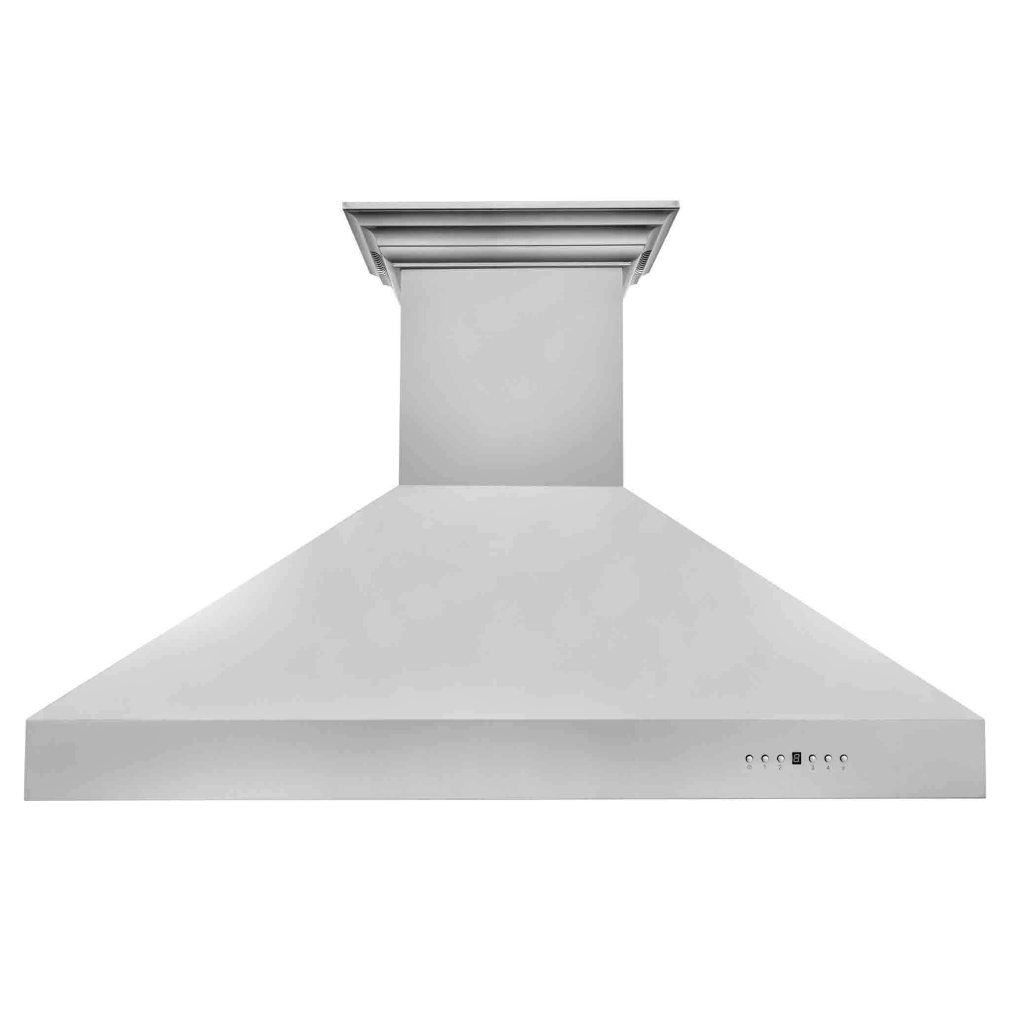 Stainless steel wall-mounted range hood with wide canopy and chimney duct