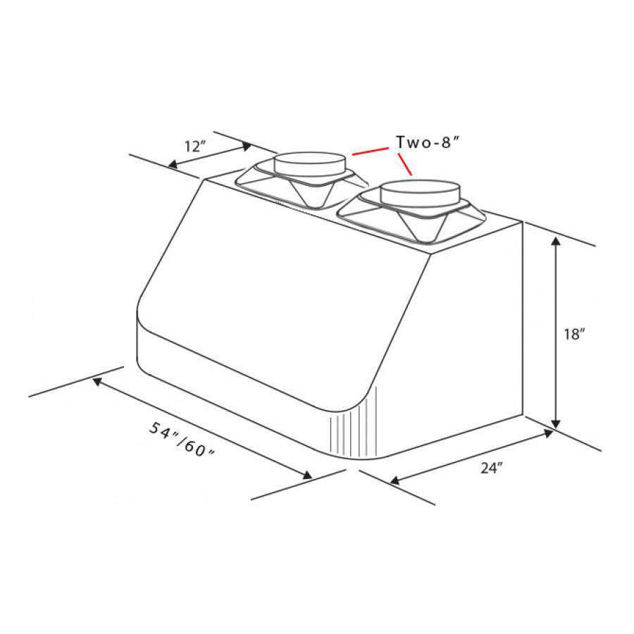 Stainless steel under-cabinet range hood with duct and cooktop clearance diagram