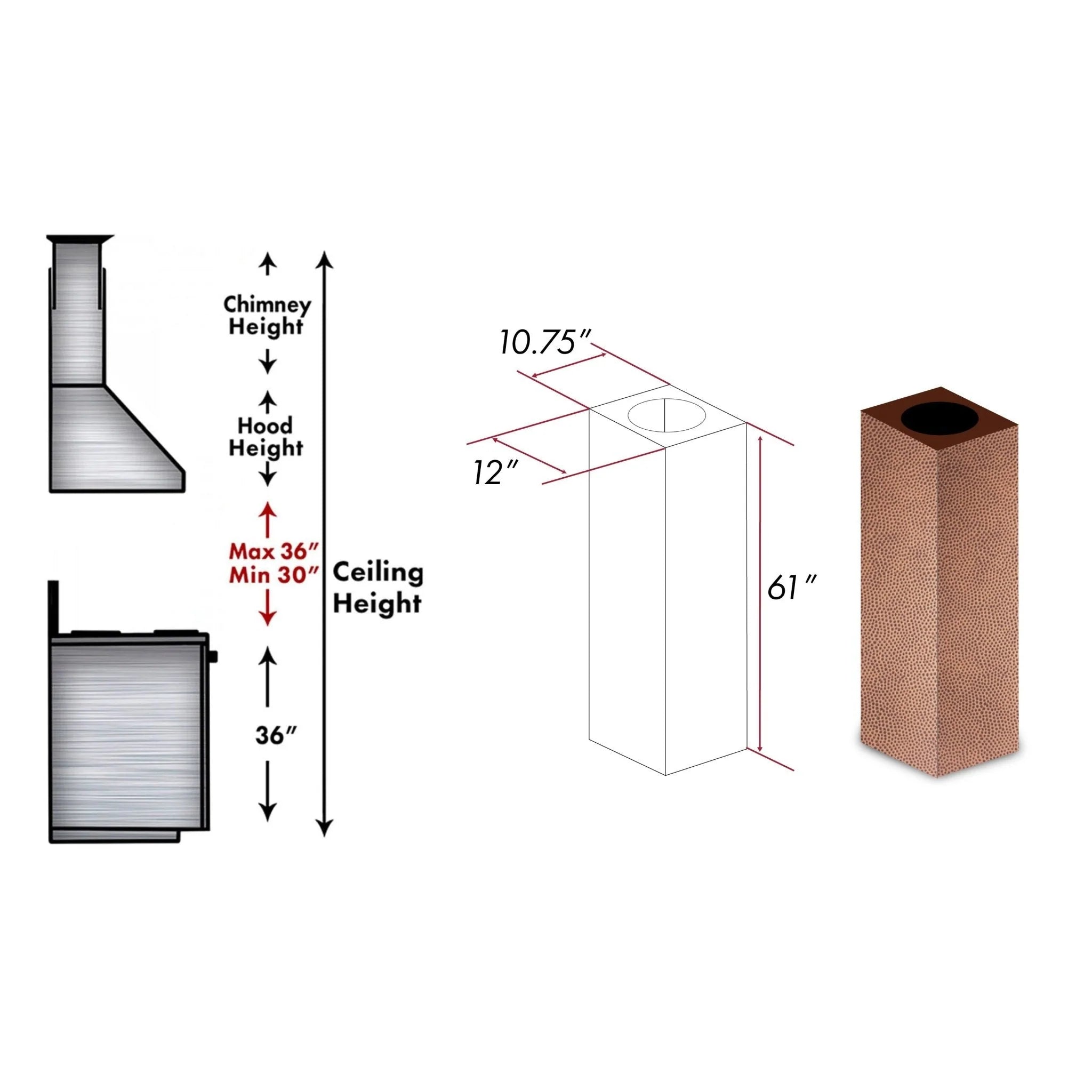 61-inch copper chimney extension with round top opening, hammered texture