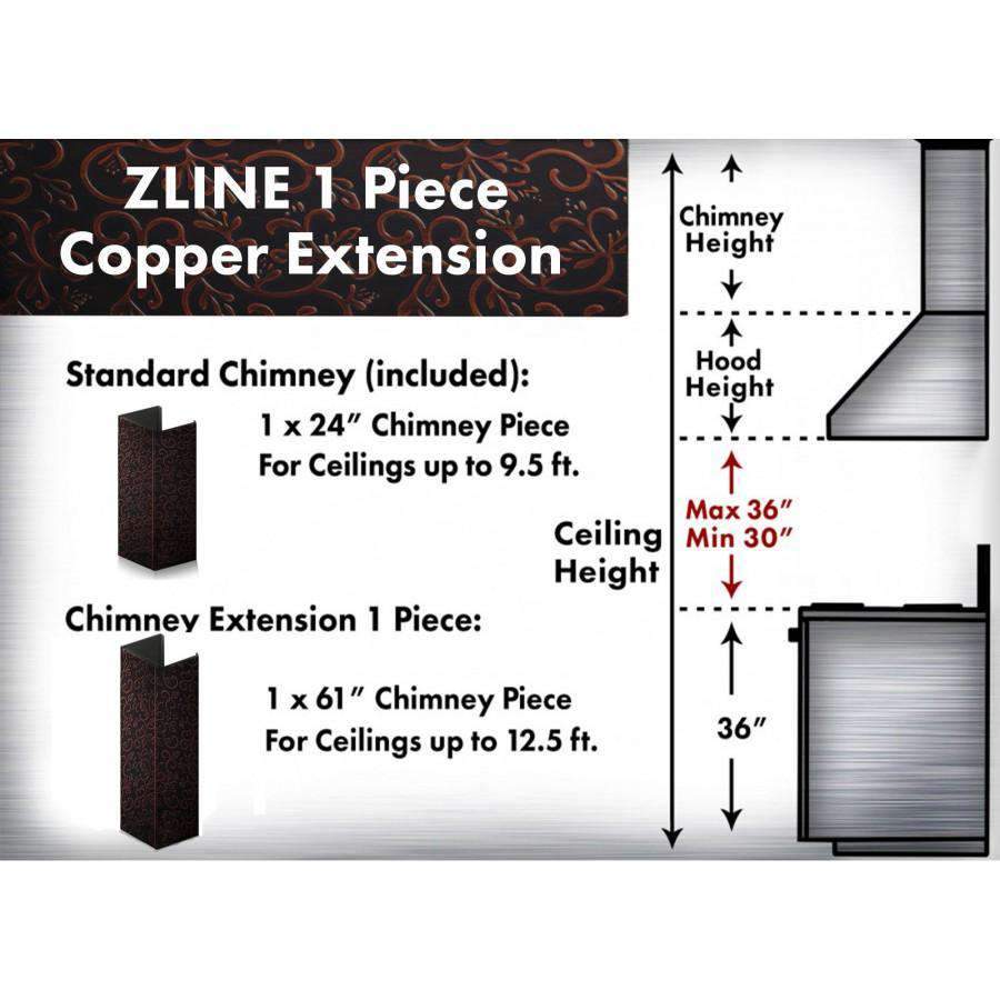 Copper chimney extension and crown diagram: 61 in chimney piece for up to 12.5 ft ceiling