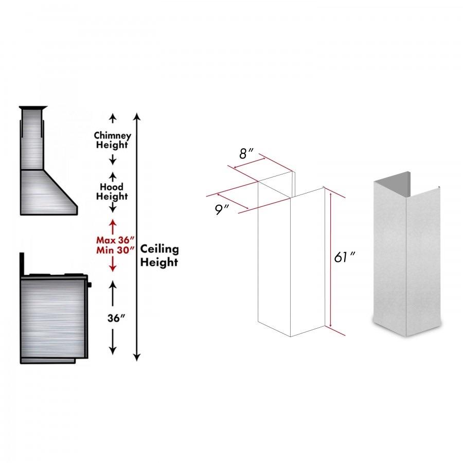 61-inch rectangular stainless chimney extension sleeve for ceiling installation, shown with hood