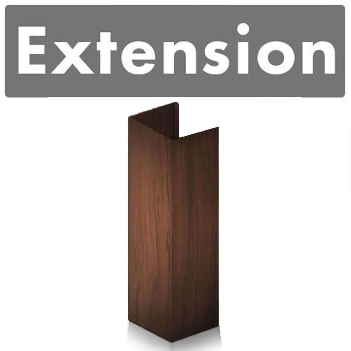 Wood chimney extension housing in dark brown wood grain, rectangular flue surround