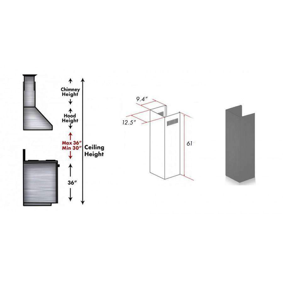 Wood chimney extension duct, tall rectangular gray chimney stack with ventilation slots.