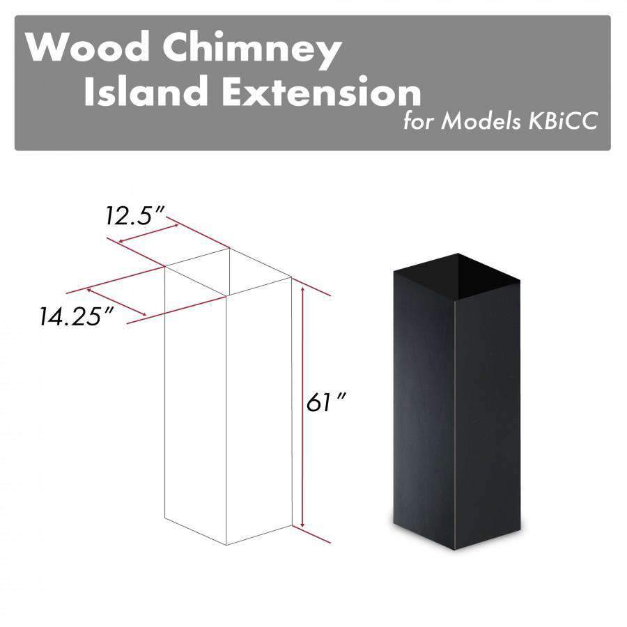 Wood chimney island extension, tall black rectangular chimney sleeve